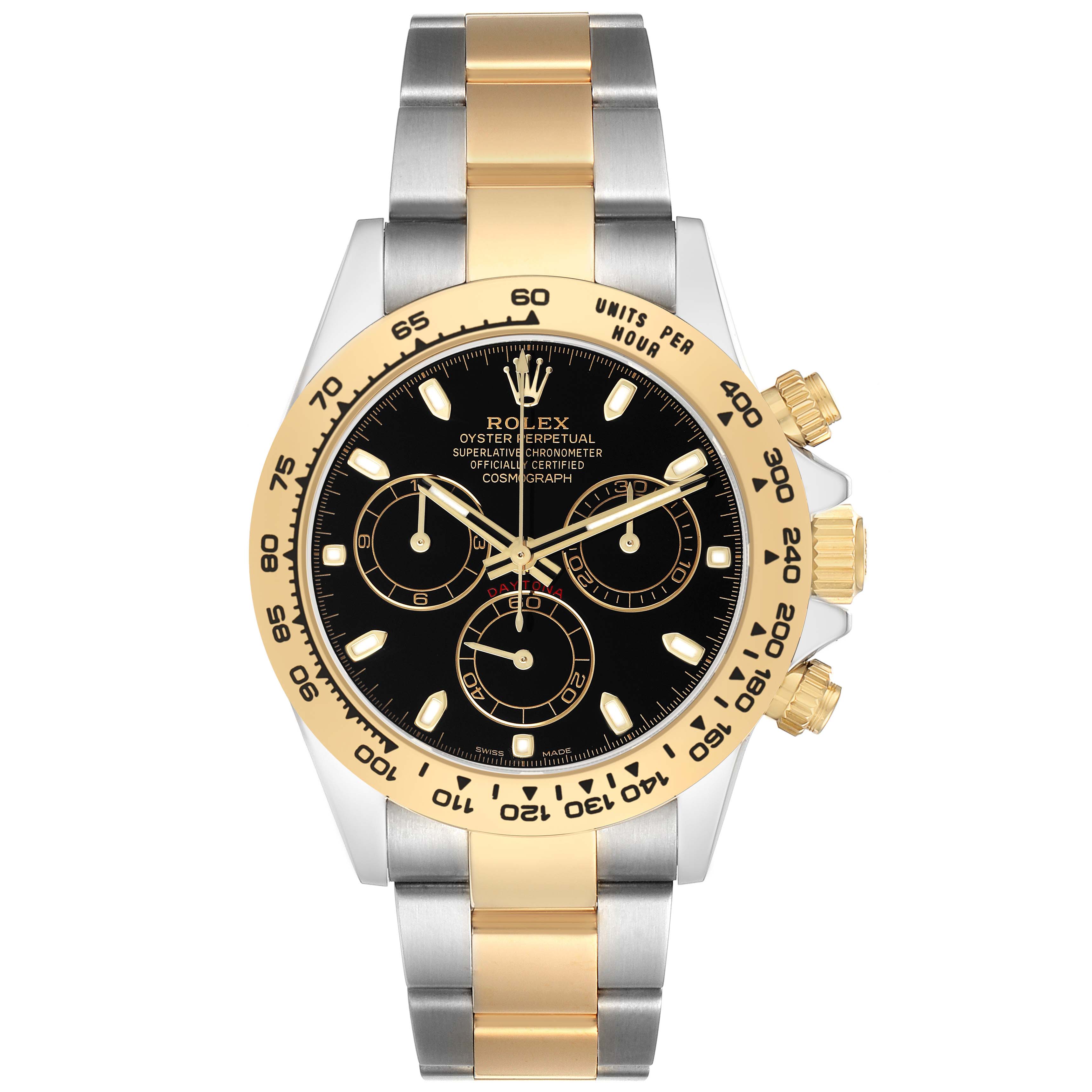 The Rolex Daytona 116503 Men's Steel and Gold (two tone) Black Dial watch is shown from a top-down angle, featuring a gold and silver bracelet with a black dial and gold bezel.