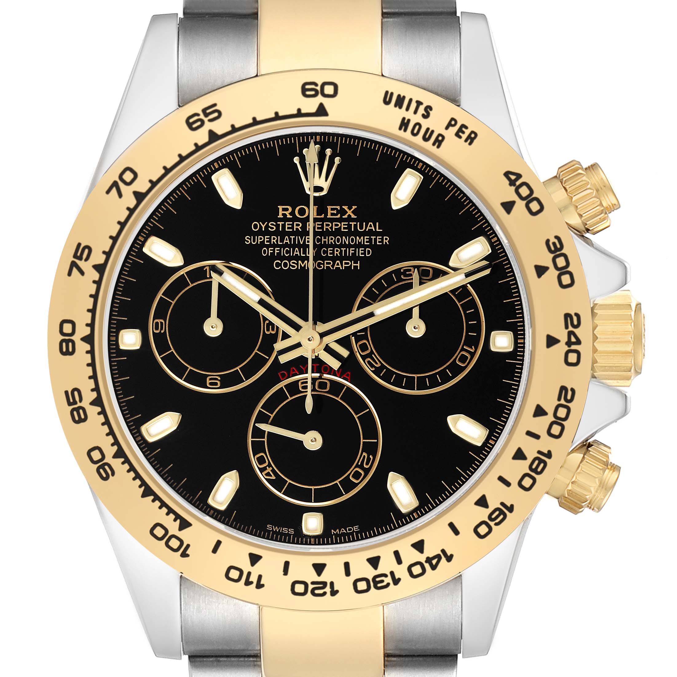 The Rolex Daytona 116503 Men's Steel and Gold (two tone) Black Dial watch is shown from a front angle, highlighting the dial, bezel, and pushers.