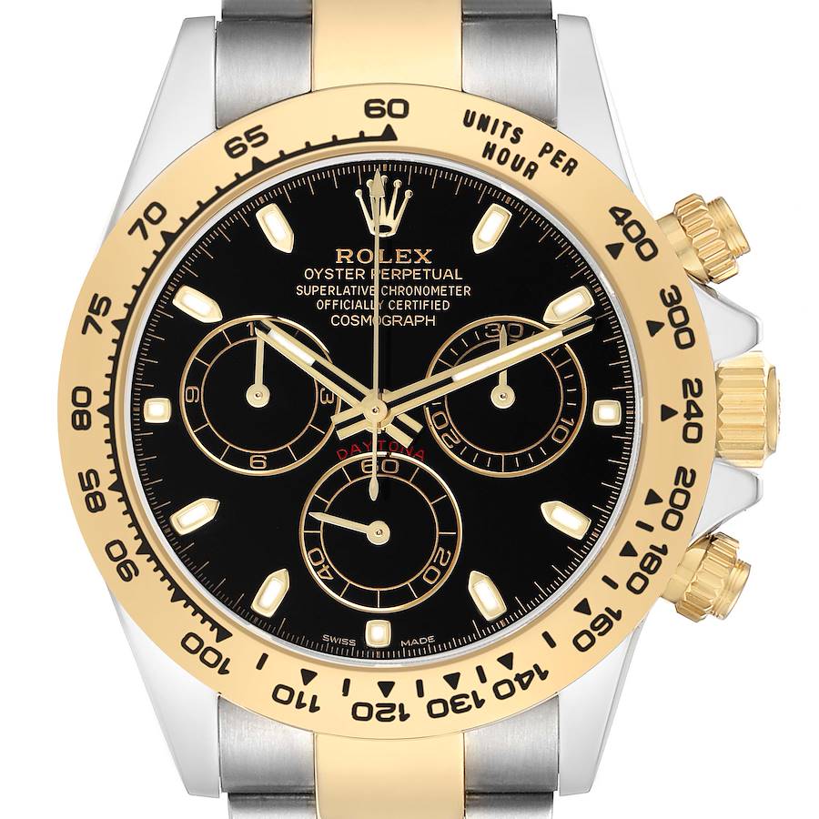 The Rolex Daytona 116503 Men's Steel and Gold (two tone) Black Dial watch is shown from a front angle, highlighting the dial, bezel, and pushers.