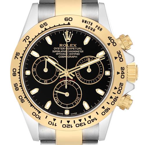 The Rolex Daytona 116503 Men's Steel and Gold (two tone) Black Dial watch is shown from a front angle, highlighting the bezel, dial, subdials, and pushers.