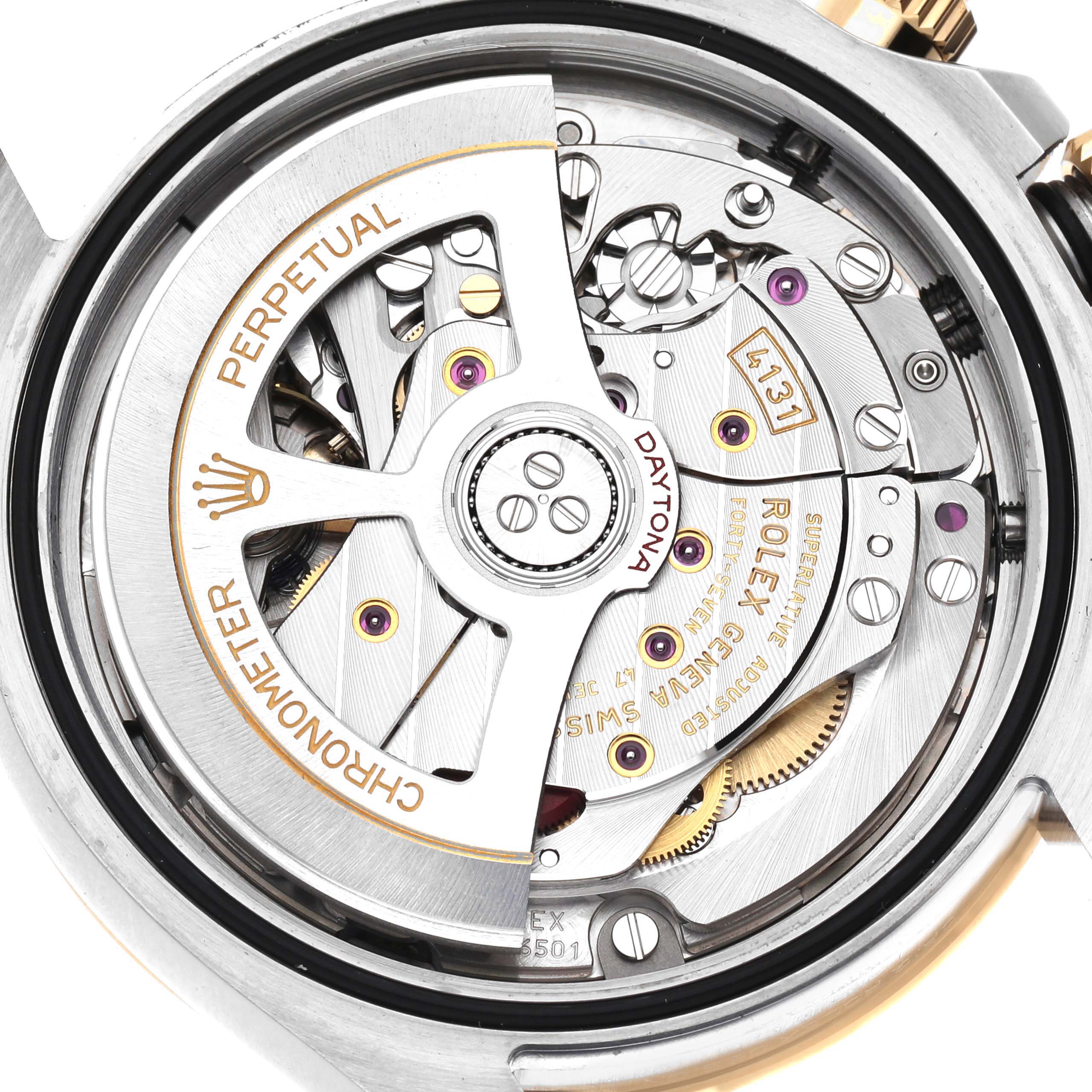 The image shows the movement of a Rolex Daytona 126503 Men's Steel and Gold (two tone) Champagne Dial watch from the back, highlighting its intricate mechanical components.