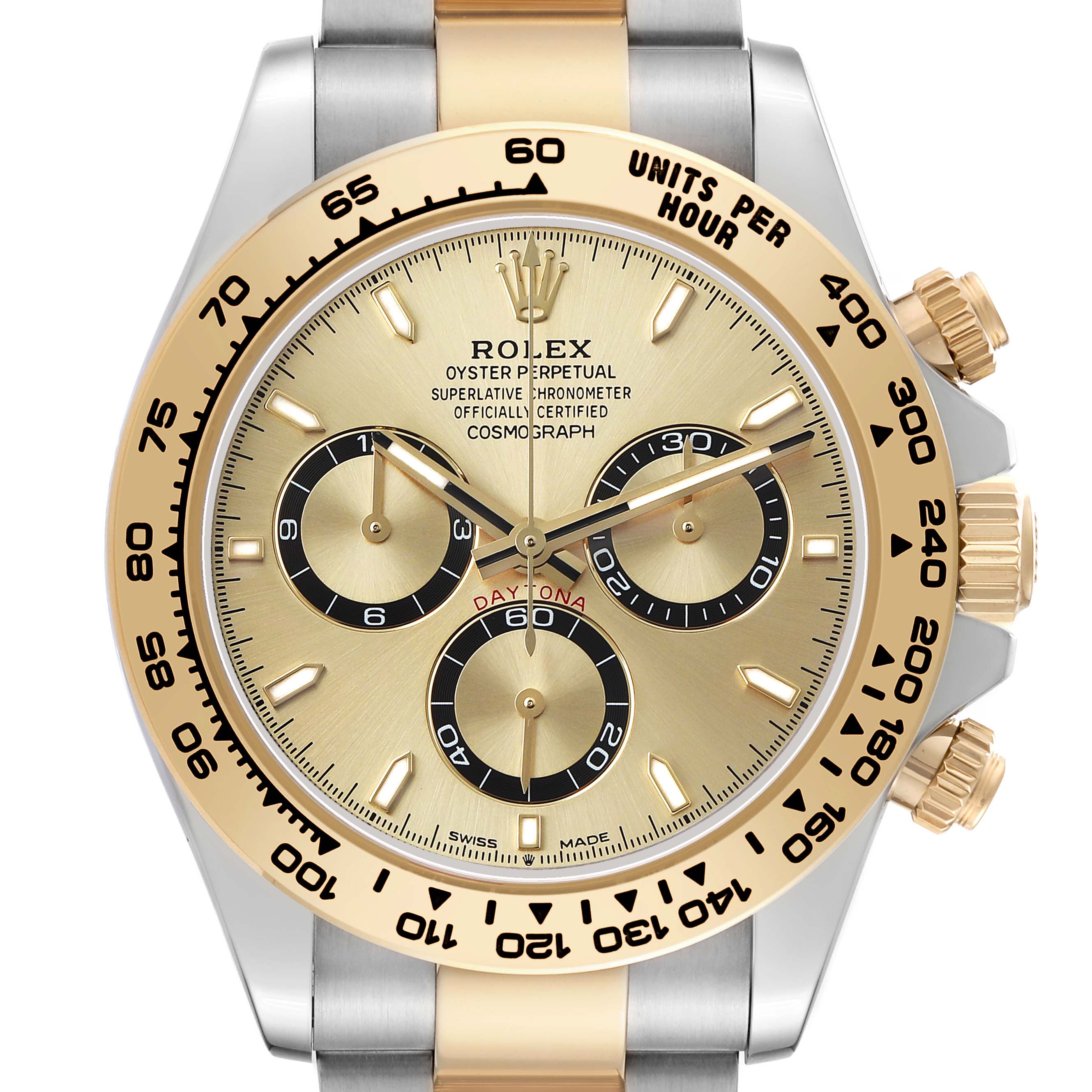 The image shows a frontal view of the Rolex Daytona 126503 Men's Steel and Gold (two tone) Champagne Dial watch, highlighting its bezel, chronograph subdials, and crown.