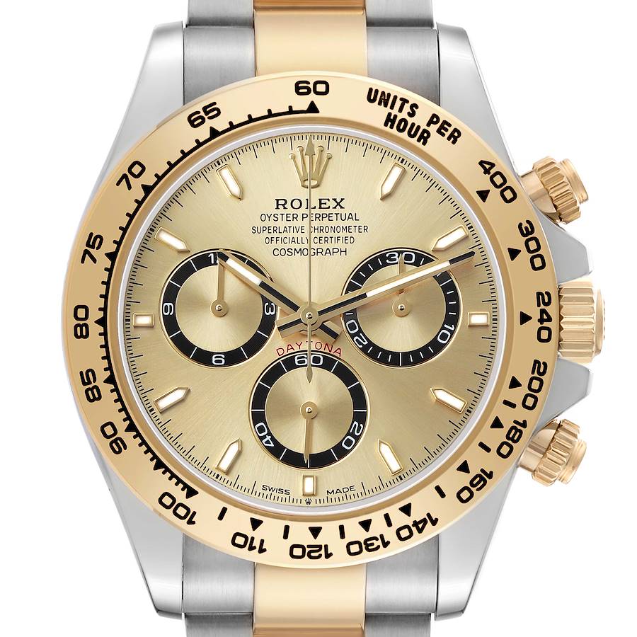 The image shows a frontal view of the Rolex Daytona 126503 Men's Steel and Gold (two tone) Champagne Dial watch, highlighting its bezel, chronograph subdials, and crown.