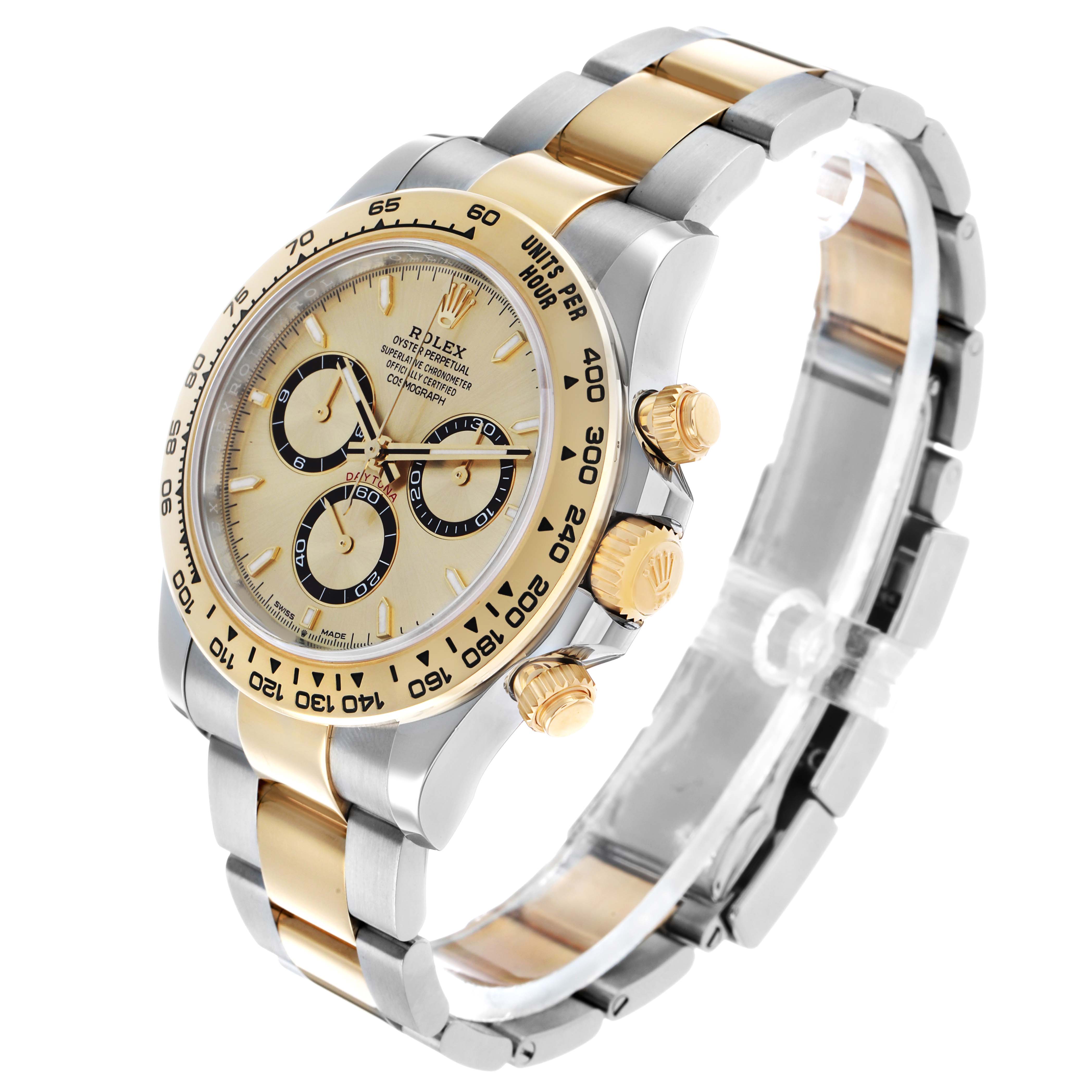 The Rolex Daytona 126503 Men's Steel and Gold (two tone) Champagne Dial watch is shown at an angled side view, highlighting the bezel, dial, chronograph subdials, pushers, and bracelet.