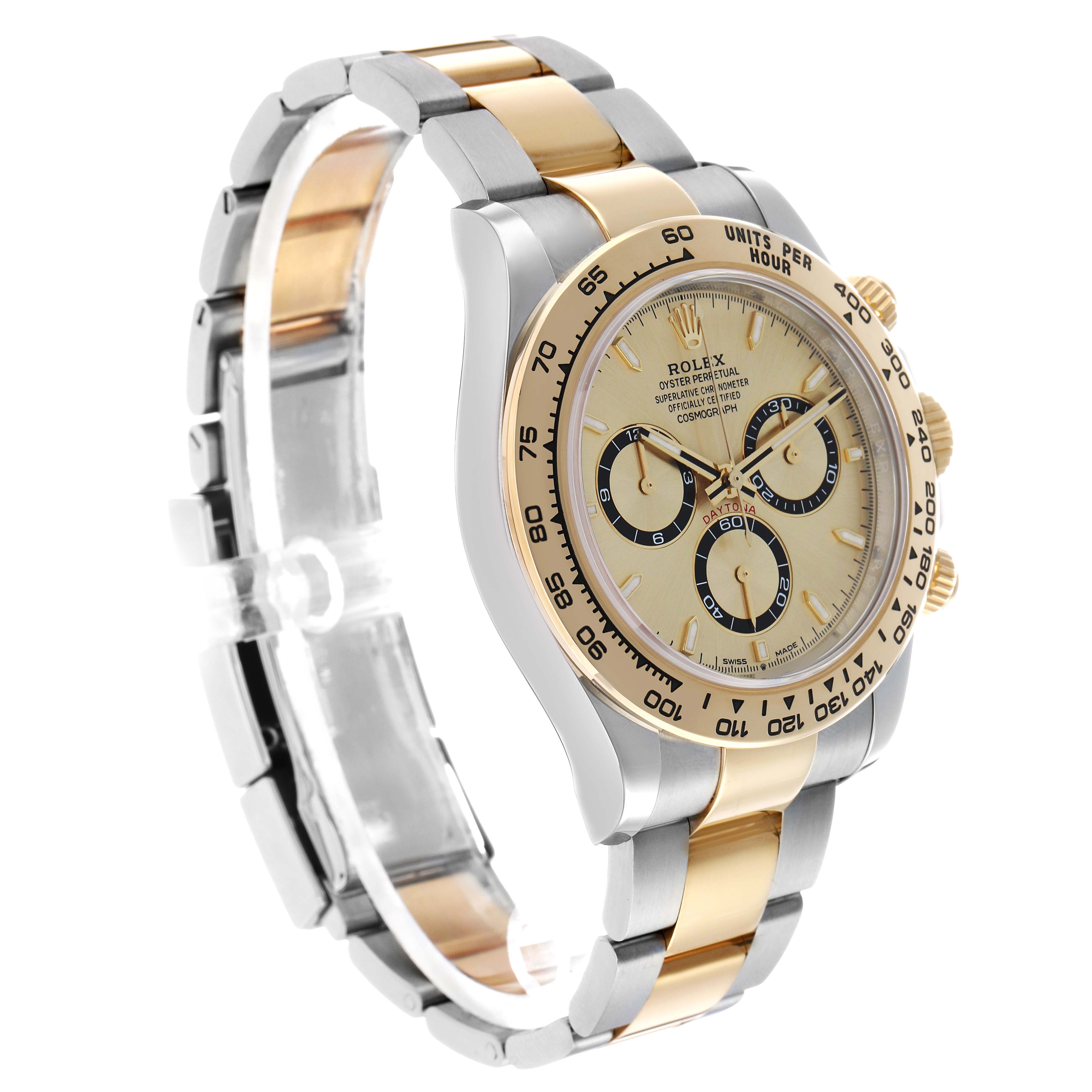 The Rolex Daytona 126503 Men's Steel and Gold (two tone) Champagne Dial watch is shown at a three-quarter angle, displaying the face, bezel, case, and two-tone bracelet.