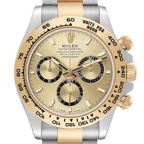 The Rolex Daytona 126503 Men's Steel and Gold (two tone) Champagne Dial watch is shown from a front angle, highlighting its dial, three subdials, and a tachymetric bezel.
