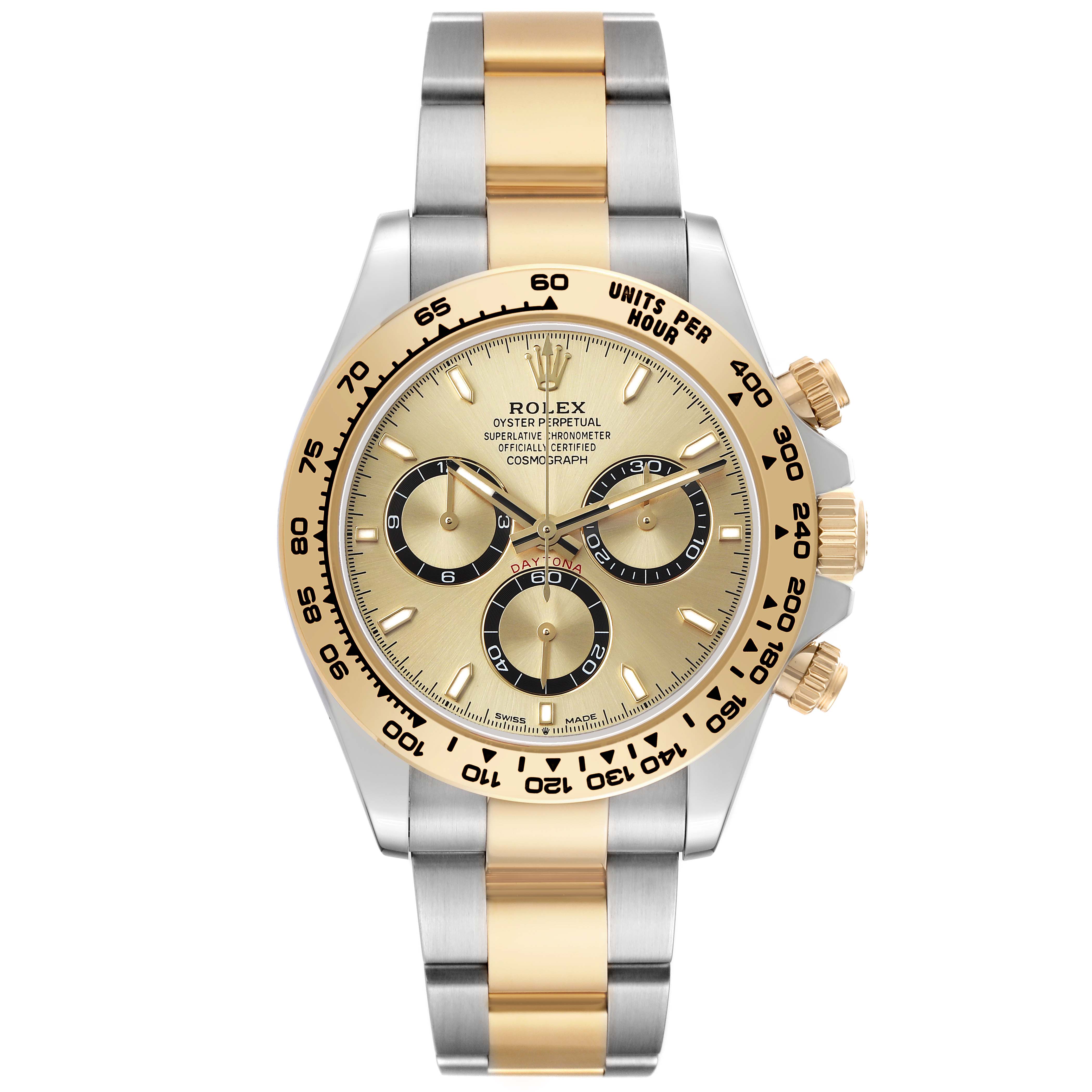 The Rolex Daytona 126503 Men's Steel and Gold (two tone) Champagne Dial watch is shown from a front angle, highlighting its face, bezel, bracelet, and crown.