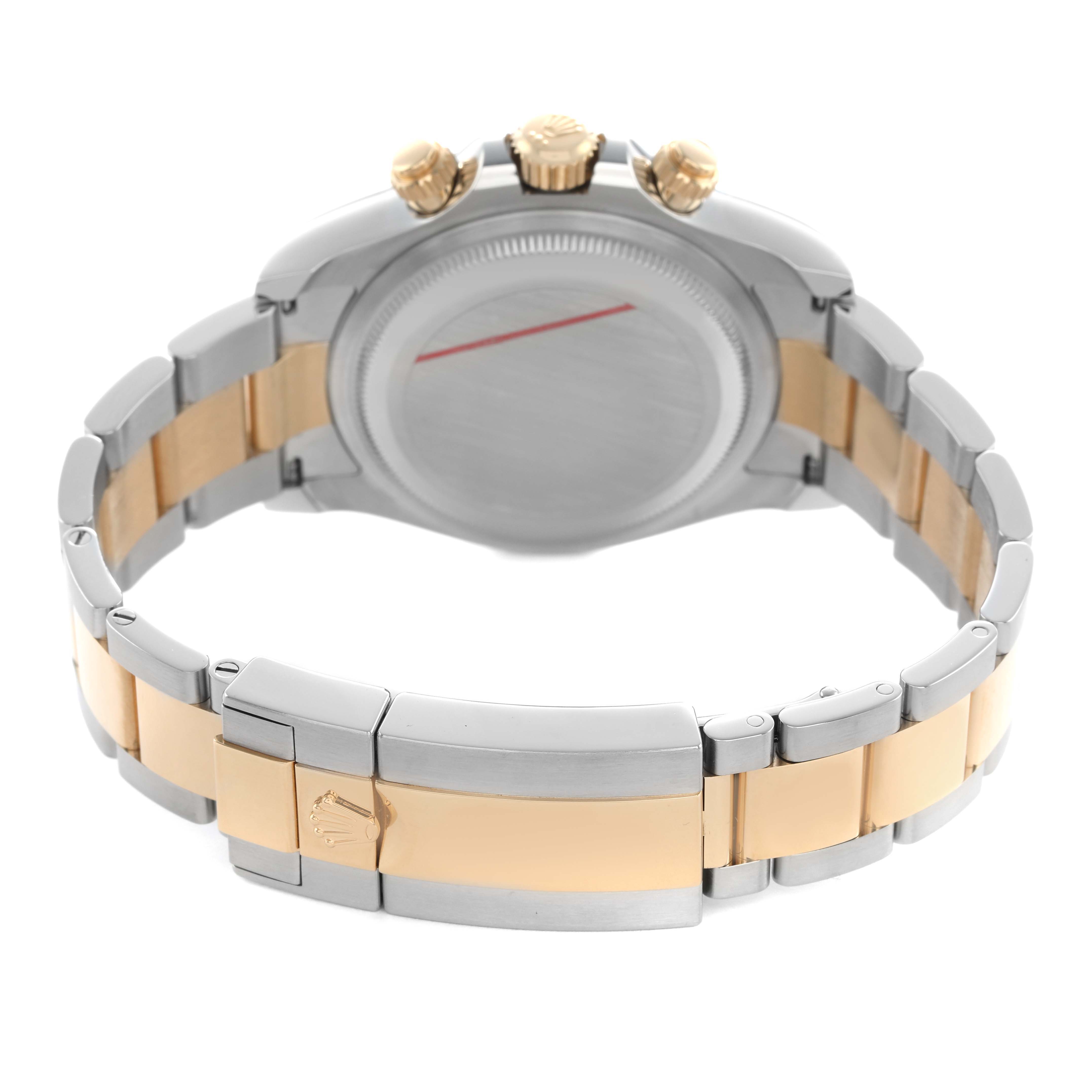 The image shows the back of the Rolex Daytona 126503 Men's Steel and Gold (two tone) Champagne Dial watch, focusing on the bracelet, clasp, and crown.