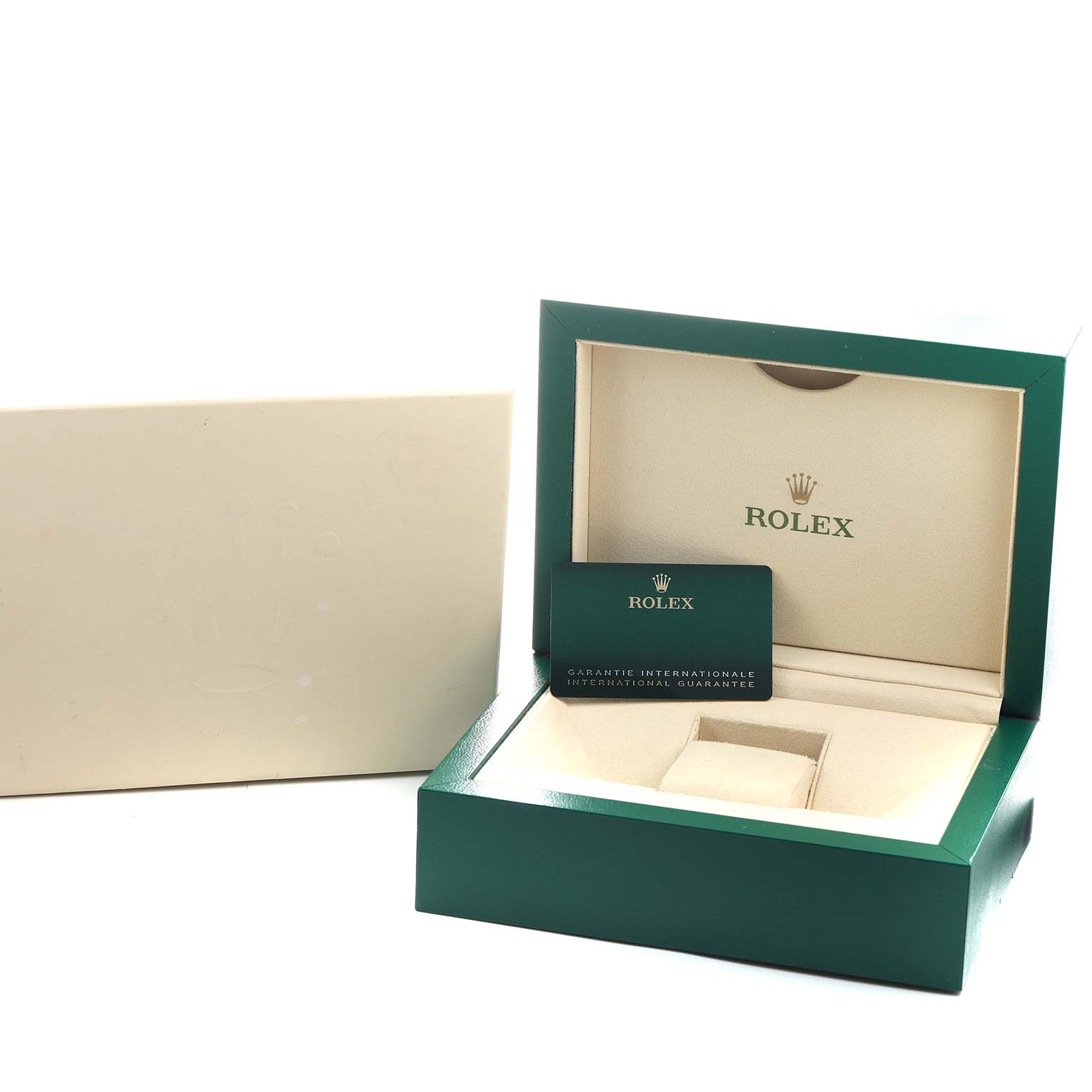 The image shows the open box and presentation case for a Rolex Daytona 126503 Men's Steel and Gold (two tone) Champagne Dial, along with a warranty card.