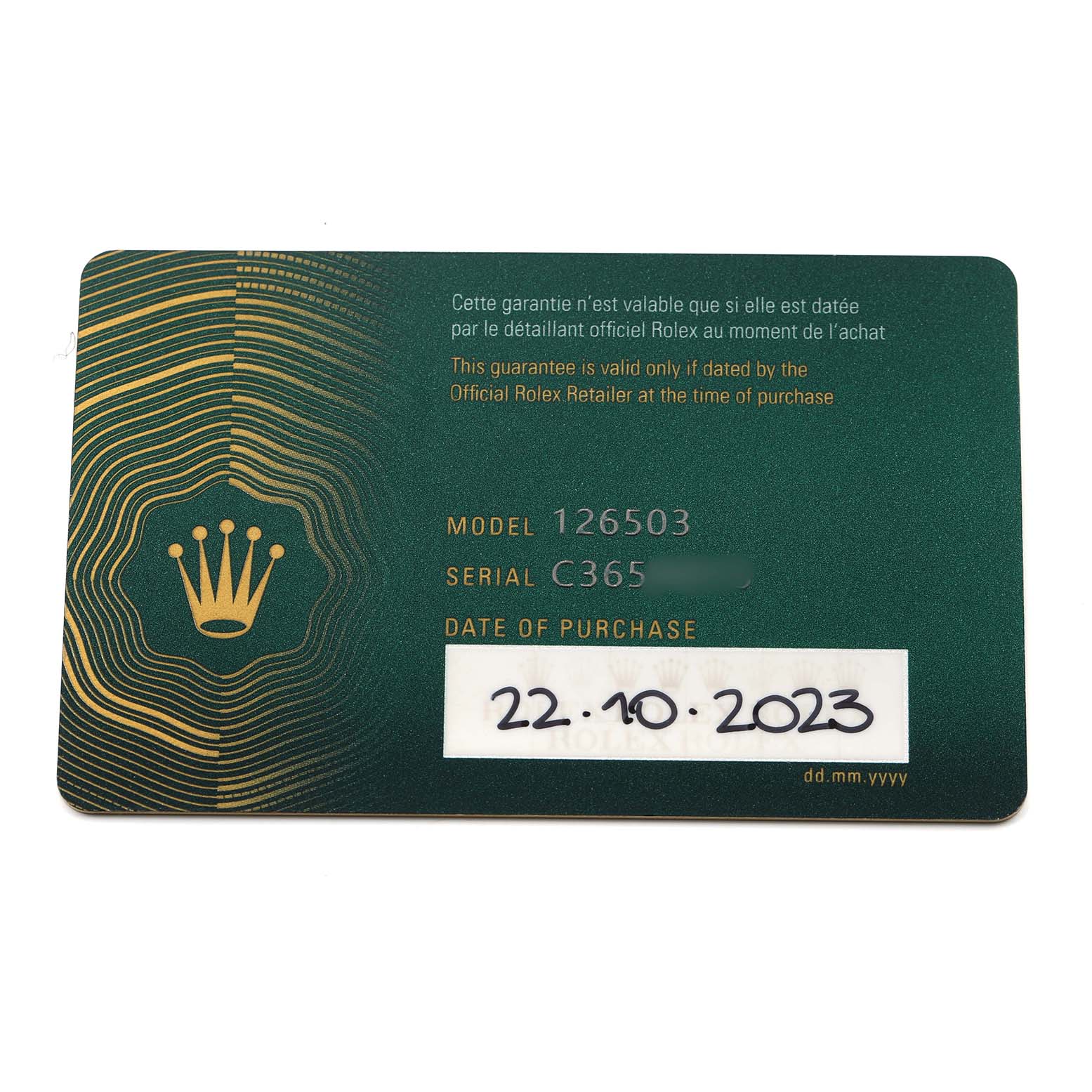 The image shows a guarantee card for a Rolex Daytona 126503 Men's Steel and Gold (two tone) Champagne Dial, displaying model number, serial number, and purchase date.