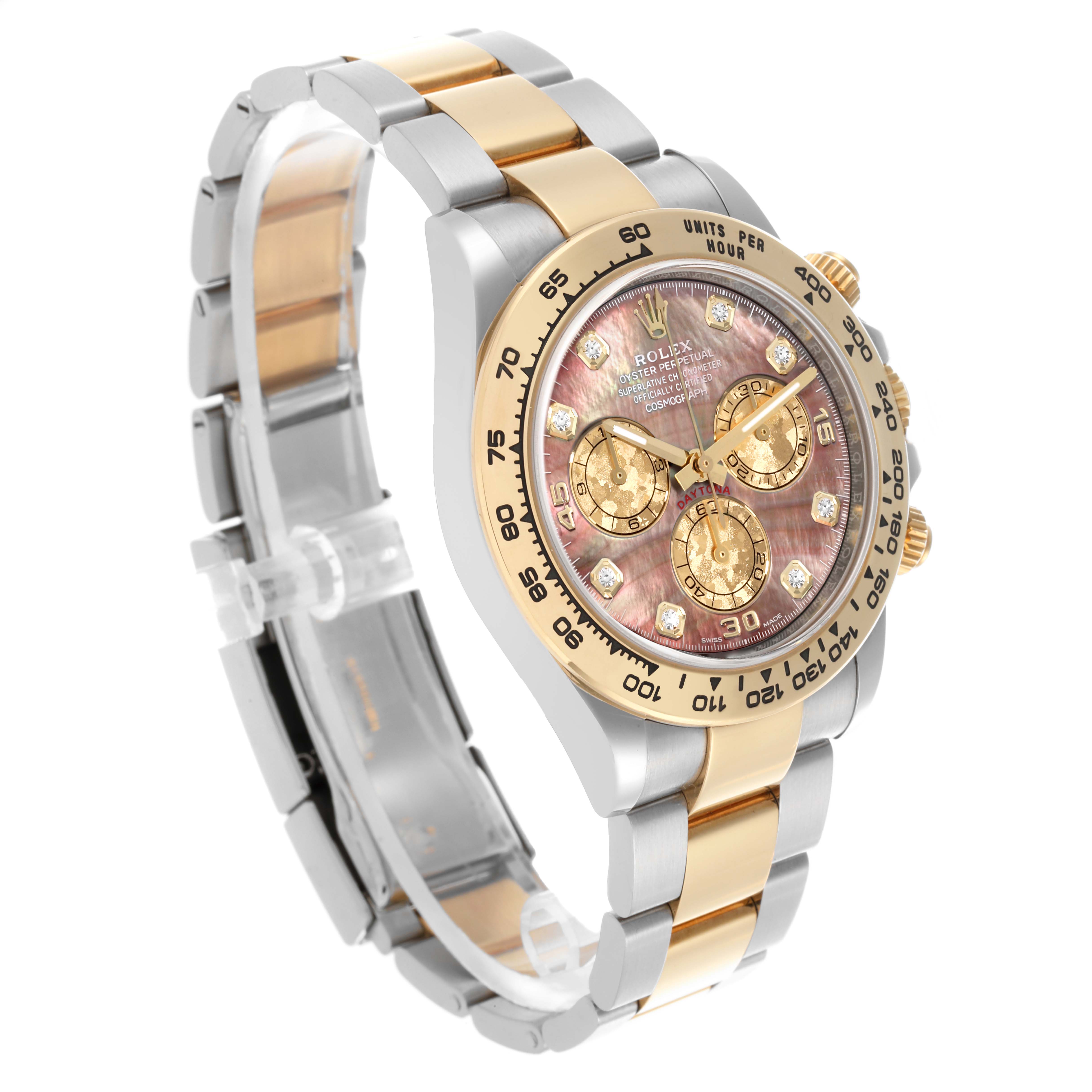 The Rolex Daytona 116503 Men's Steel and Gold (two tone) Mother of Pearl Dial 116503 Men's Steel and Gold (two tone) Mother of Pearl Dial is shown from a three-quarter angle, highlighting its dial, bezel, and two-tone bracelet.