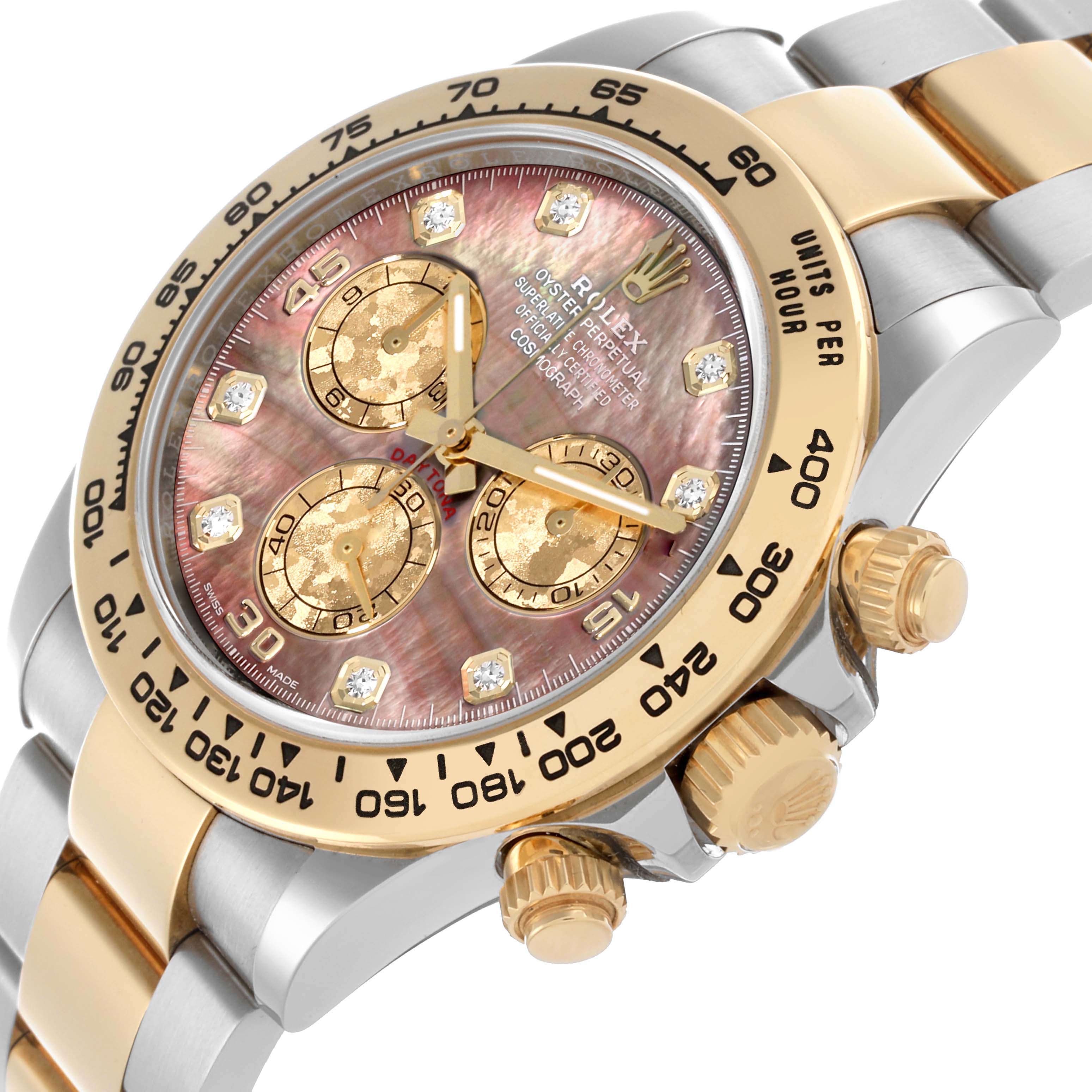 The Rolex Daytona 116503 Men's Steel and Gold (two tone) Mother of Pearl Dial 116503 Men's Steel and Gold (two tone) Mother of Pearl Dial watch is shown at an angle highlighting its bezel, crown, and part of the bracelet.