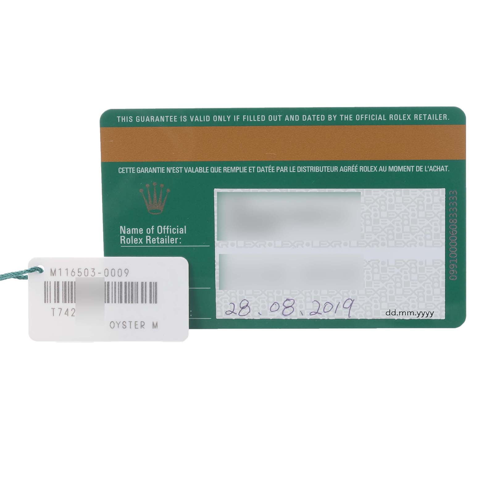 The image shows a warranty card and tag for the Rolex Daytona 116503 Men's Steel and Gold (two tone) Mother of Pearl Dial 116503 Men's Steel and Gold (two tone) Mother of Pearl Dial watch model.