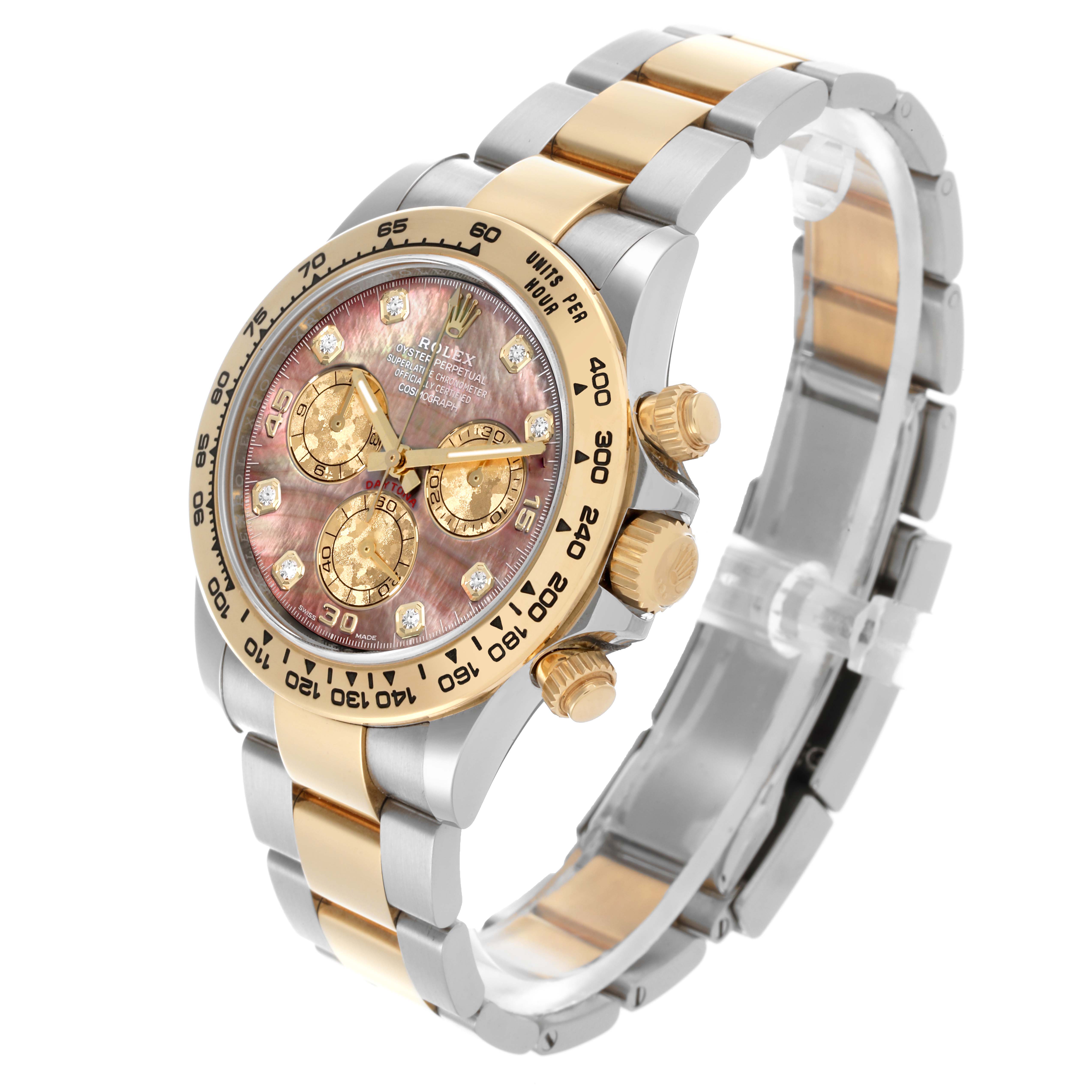 The Rolex Daytona 116503 Men's Steel and Gold (two tone) Mother of Pearl Dial 116503 Men's Steel and Gold (two tone) Mother of Pearl Dial watch is shown at an angled side view, displaying its face, bezel, and bracelet.