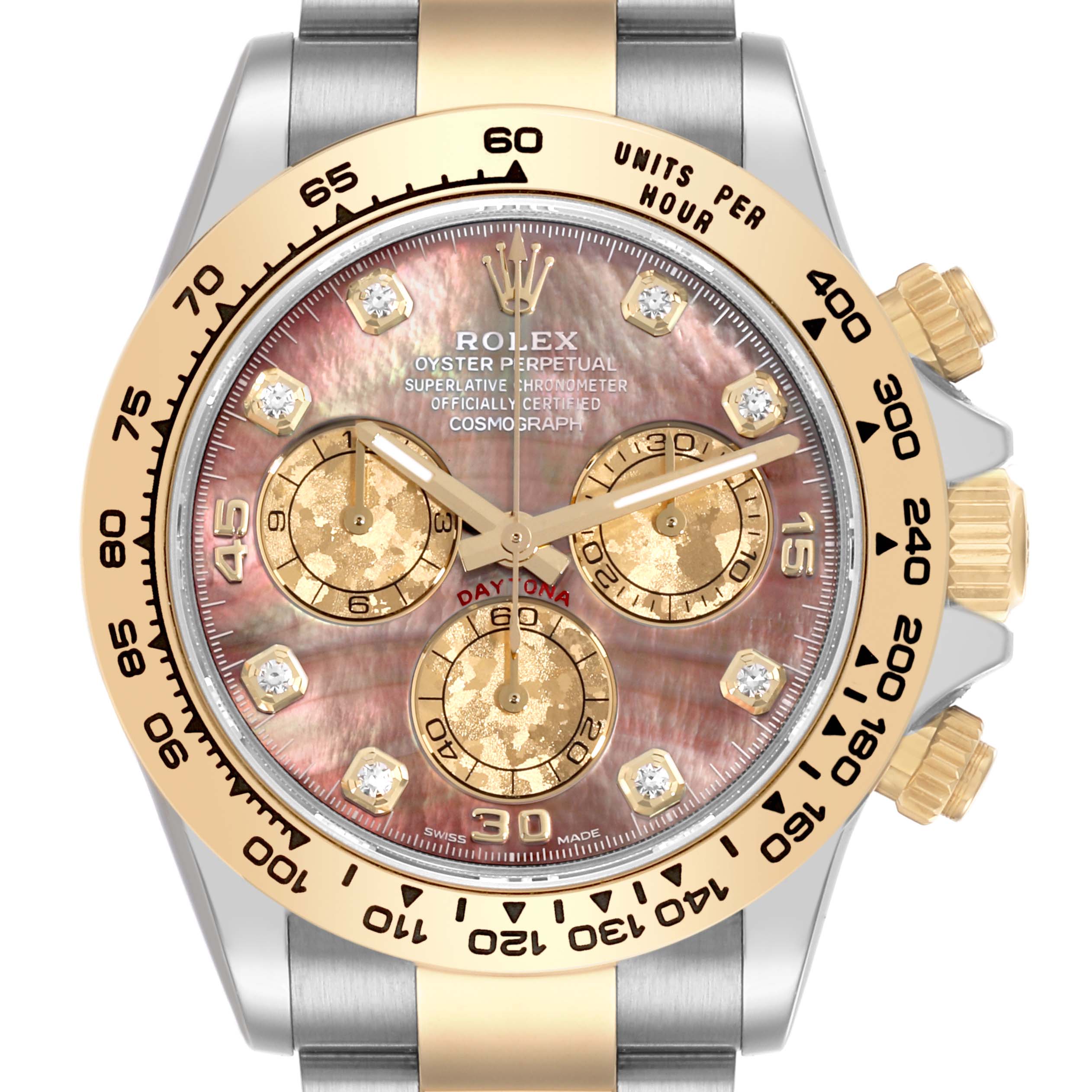 The image shows a front view of the Rolex Daytona 116503 Men's Steel and Gold (two tone) Mother of Pearl Dial 116503 Men's Steel and Gold (two tone) Mother of Pearl Dial watch, highlighting its dial, bezel, and crown.