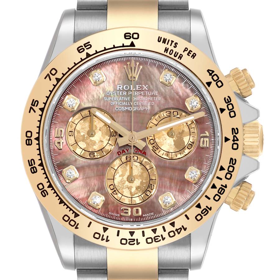 The image shows a front view of the Rolex Daytona watch, highlighting its dial, bezel, and crown.