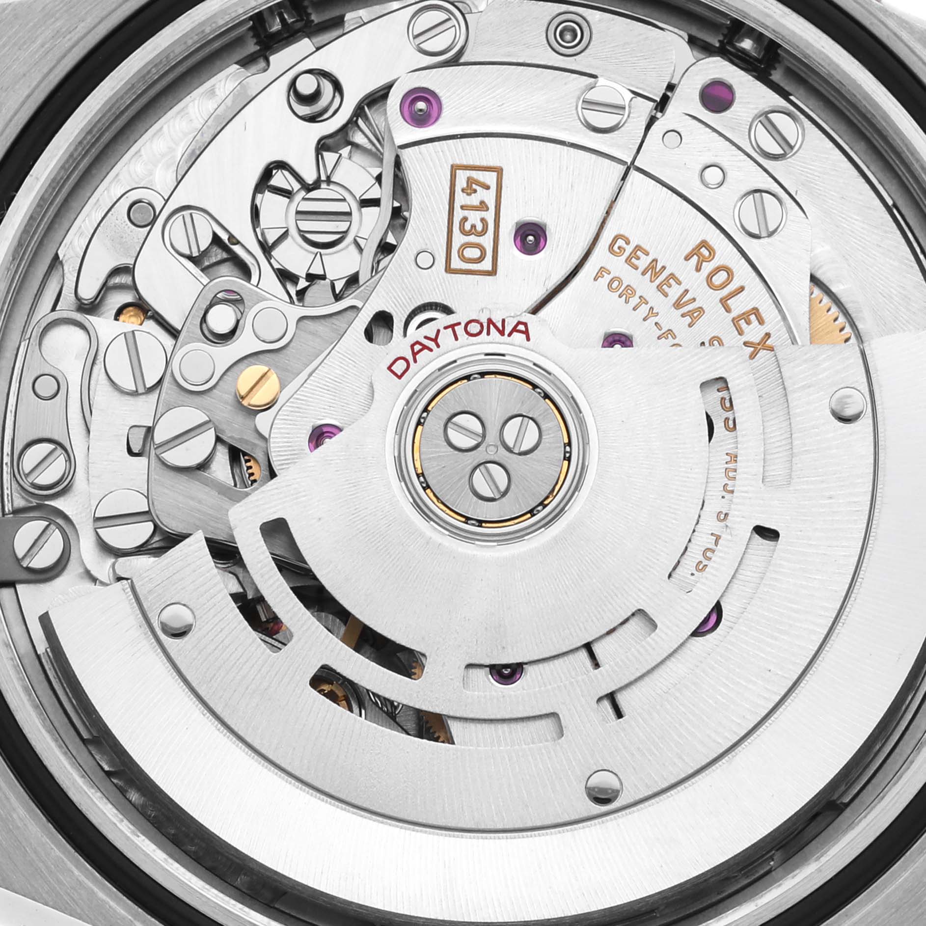 The image shows the movement mechanism of a Rolex Daytona 116503 Men's Steel and Gold (two tone) Mother of Pearl Dial 116503 Men's Steel and Gold (two tone) Mother of Pearl Dial watch at a close-up angle.