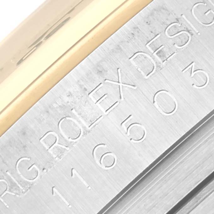 The image shows the side engraving of a Rolex Daytona 116503 Men's Steel and Gold (two tone) Mother of Pearl Dial 116503 Men's Steel and Gold (two tone) Mother of Pearl Dial, highlighting the case design details and model number.