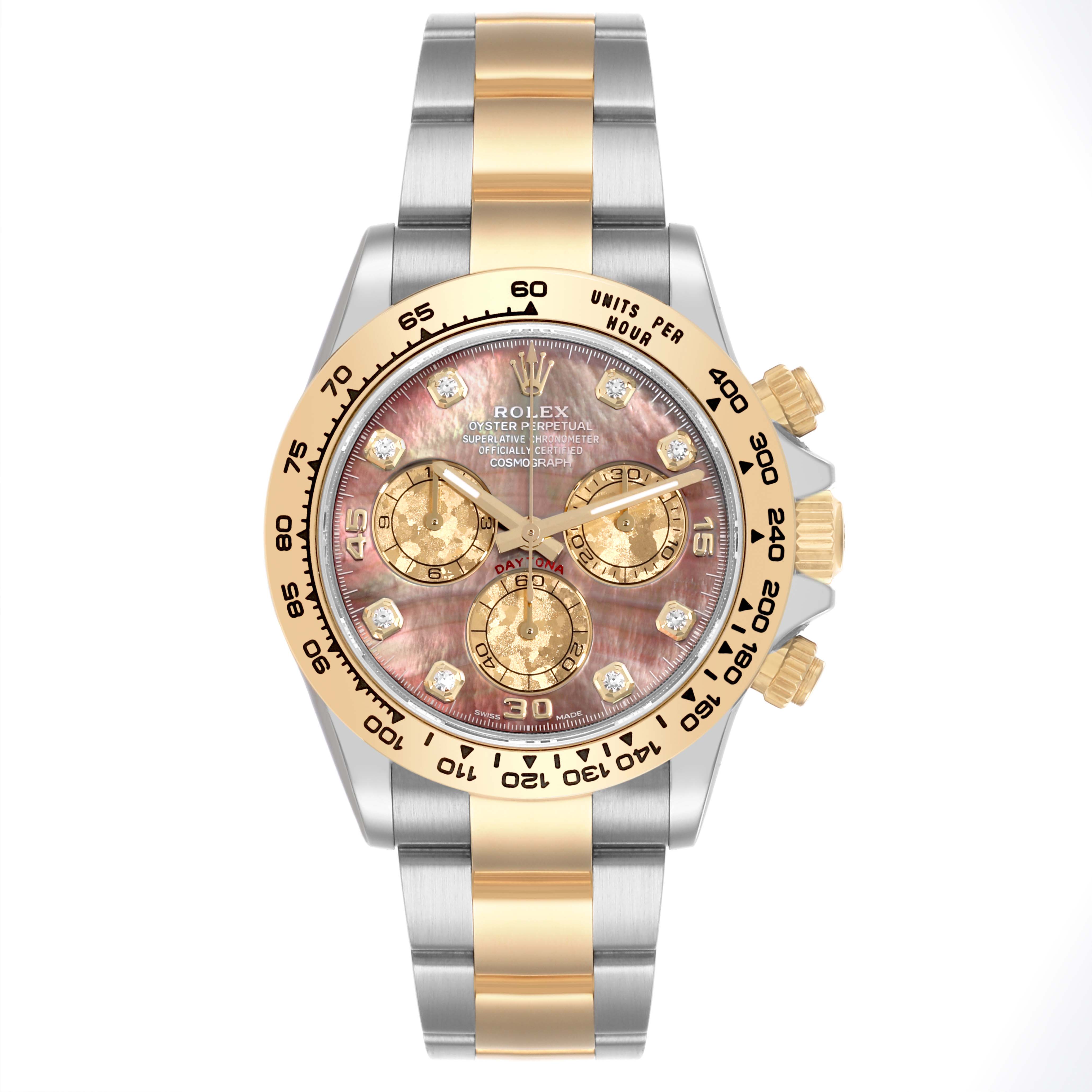 The Rolex Daytona 116503 Men's Steel and Gold (two tone) Mother of Pearl Dial 116503 Men's Steel and Gold (two tone) Mother of Pearl Dial watch is shown from a front angle, displaying its face, bezel, and bracelet.