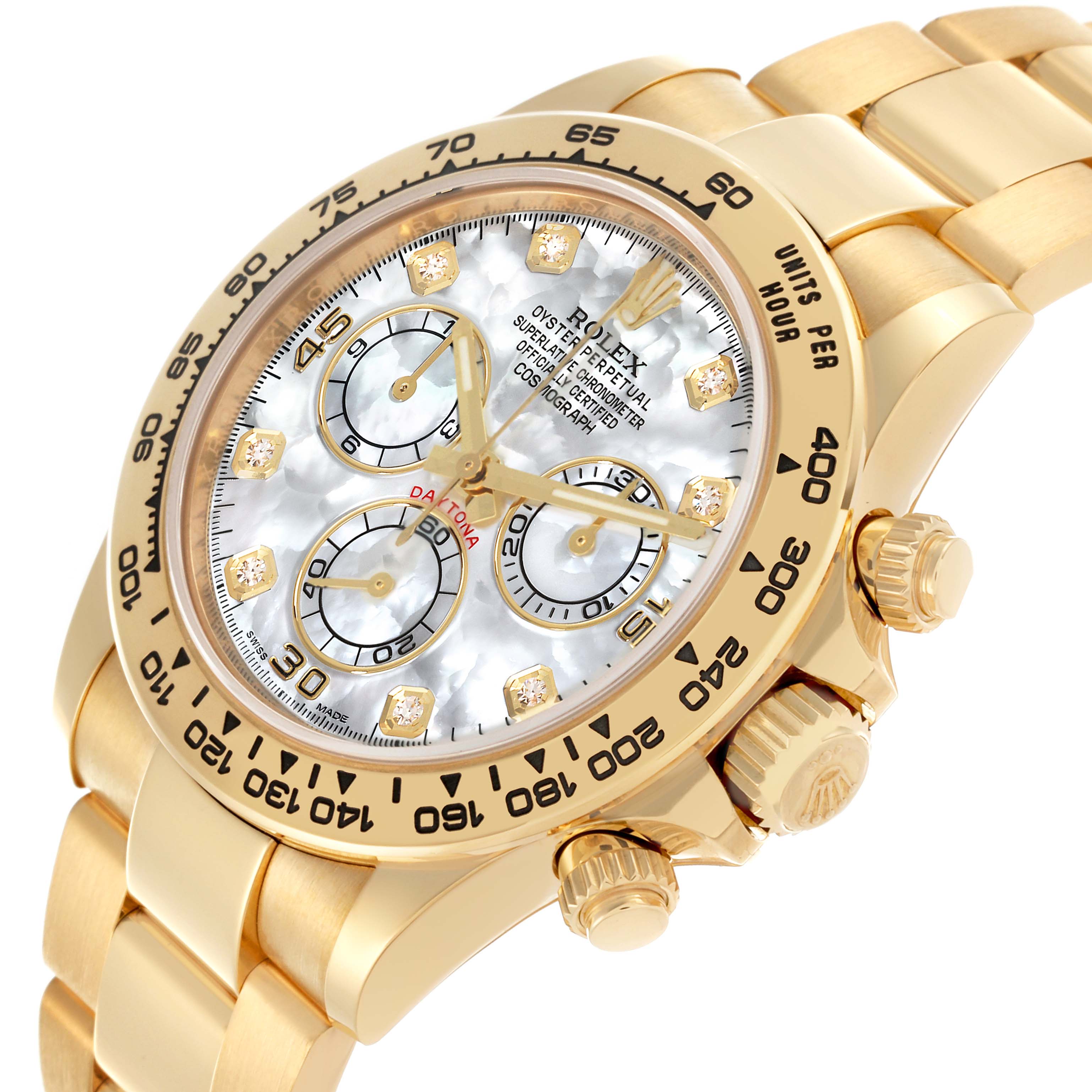 The Rolex Daytona 116508 Men's Yellow Gold Mother of Pearl Dial 116508 Men's Yellow Gold Mother of Pearl Dial is shown at an angled close-up, highlighting the dial, bezel, crown, and part of the bracelet.