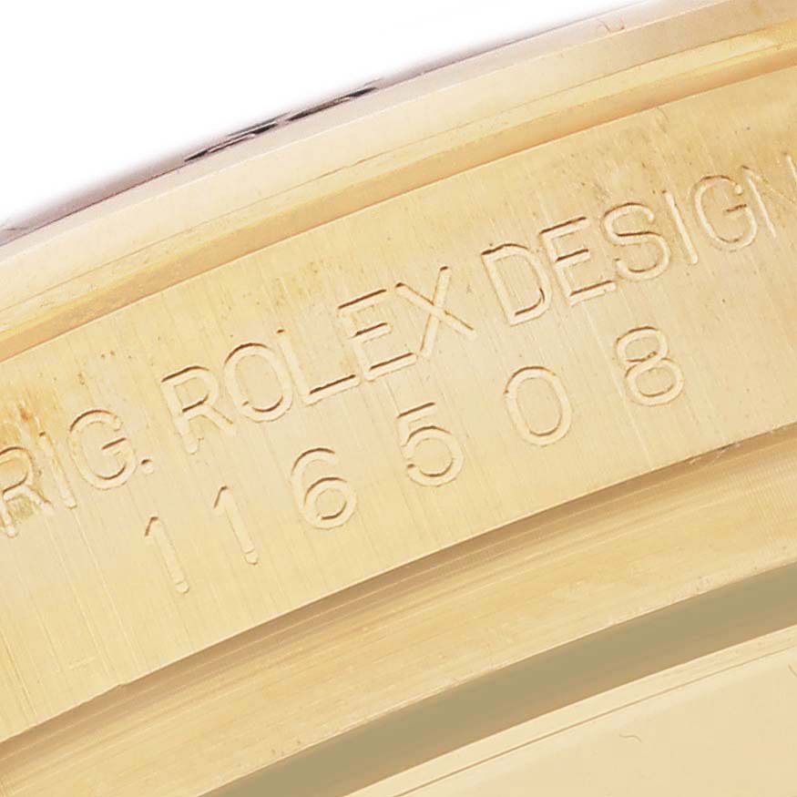 The image shows a close-up of the engraved model number on the case back of a Rolex Daytona 116508 Men's Yellow Gold Mother of Pearl Dial 116508 Men's Yellow Gold Mother of Pearl Dial watch.