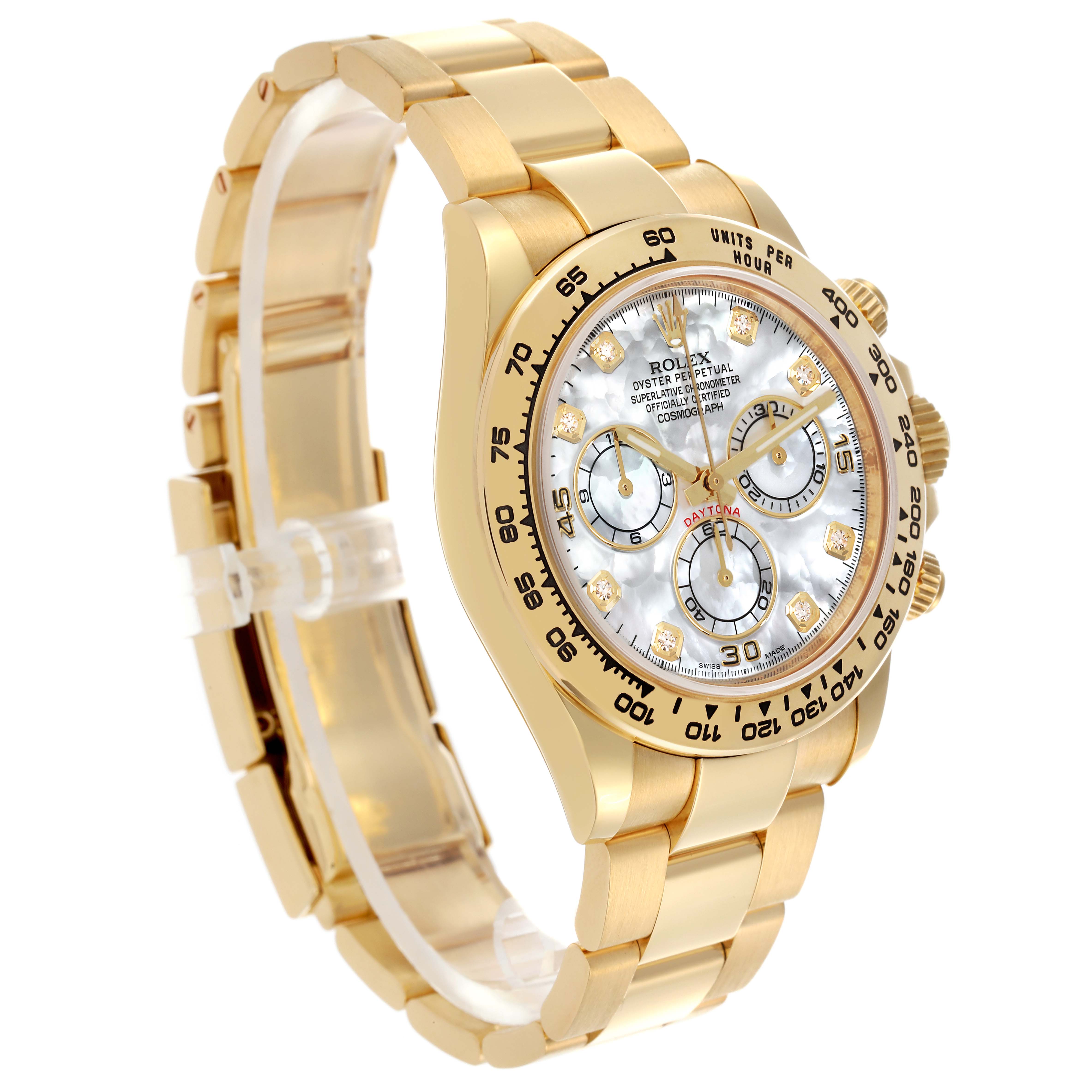 The Rolex Daytona 116508 Men's Yellow Gold Mother of Pearl Dial 116508 Men's Yellow Gold Mother of Pearl Dial watch is shown at a side angle, highlighting the strap, bezel, and dial with its subdials.
