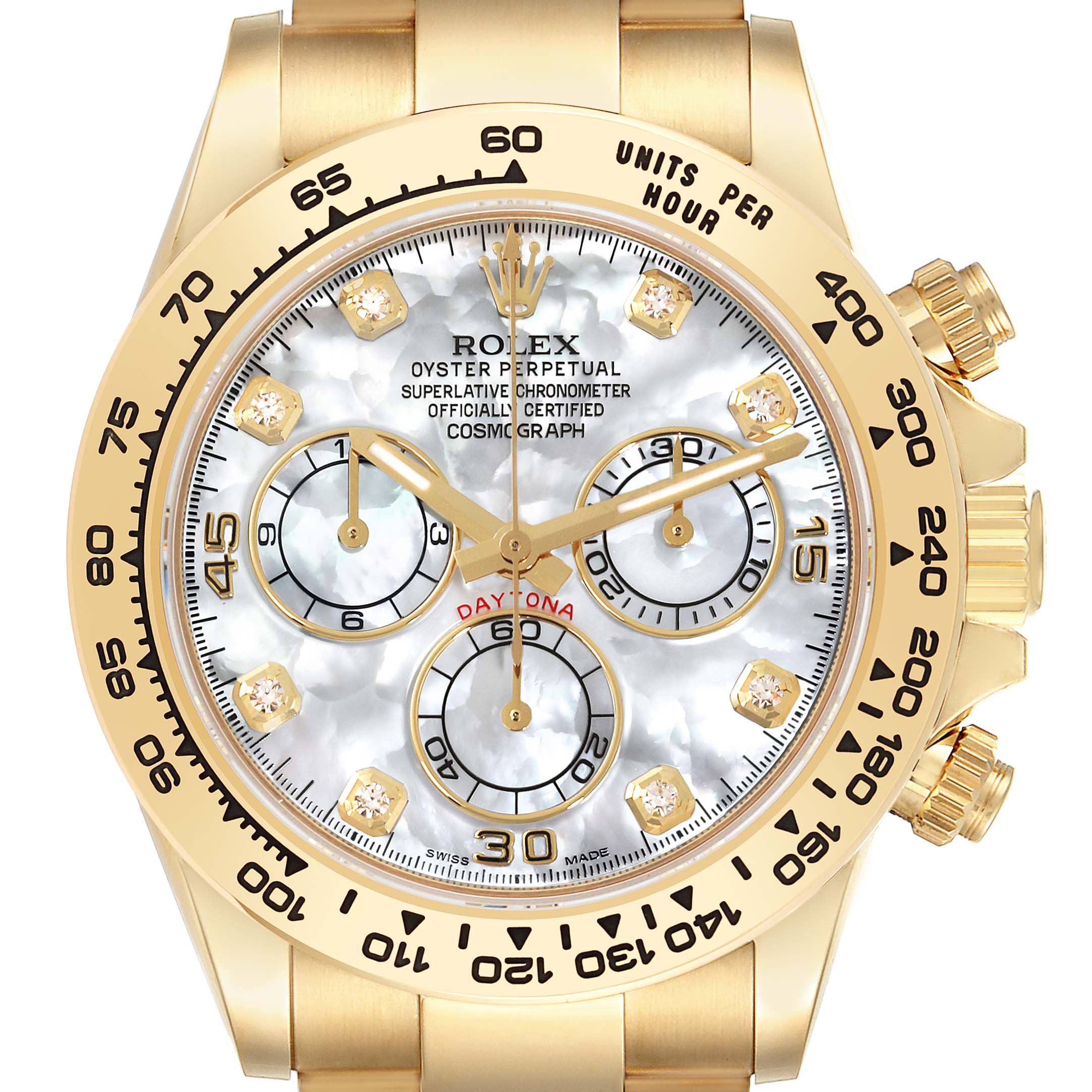 The Rolex Daytona 116508 Men's Yellow Gold Mother of Pearl Dial 116508 Men's Yellow Gold Mother of Pearl Dial watch is shown from the front, highlighting the dial, bezel, and pushers.