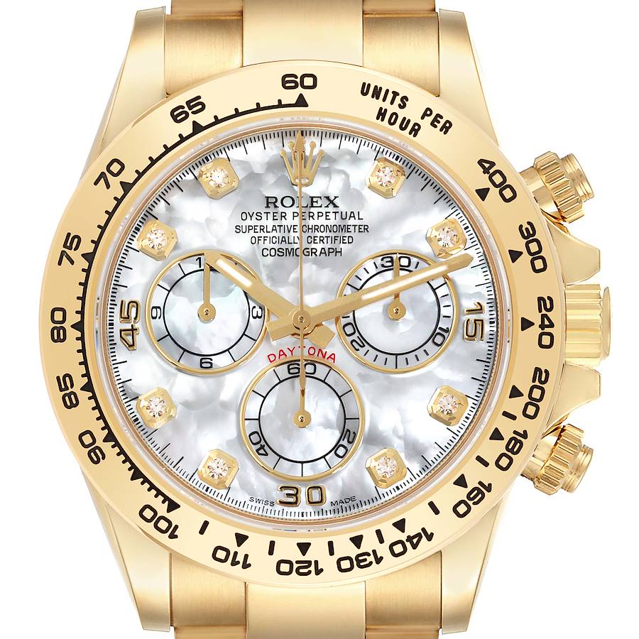 The Rolex Daytona watch is shown from the front, highlighting the dial, bezel, and pushers.