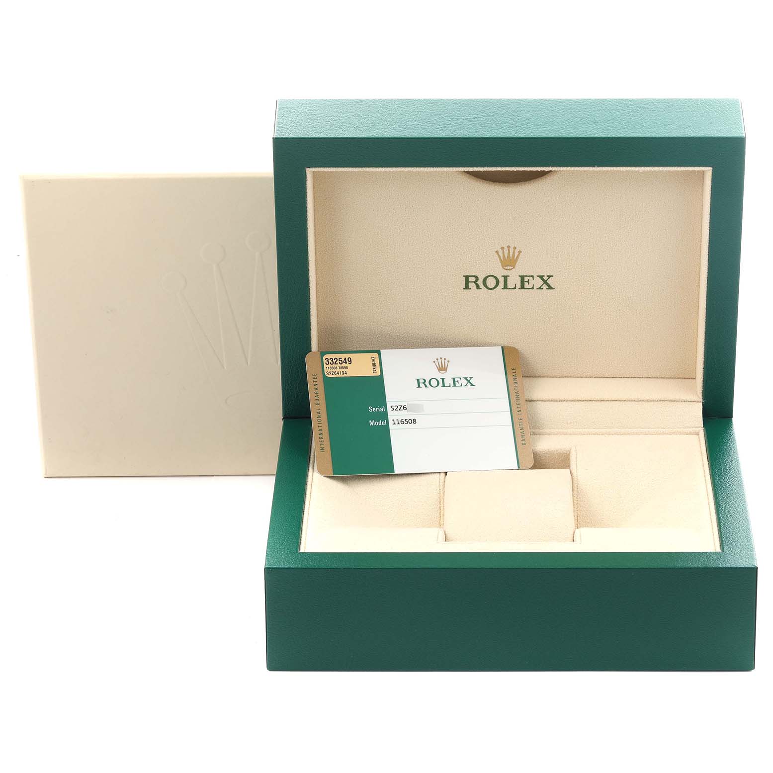 The image shows an open Rolex Daytona 116508 Men's Yellow Gold Mother of Pearl Dial 116508 Men's Yellow Gold Mother of Pearl Dial watch box with an authenticity card inside, viewed from the front.