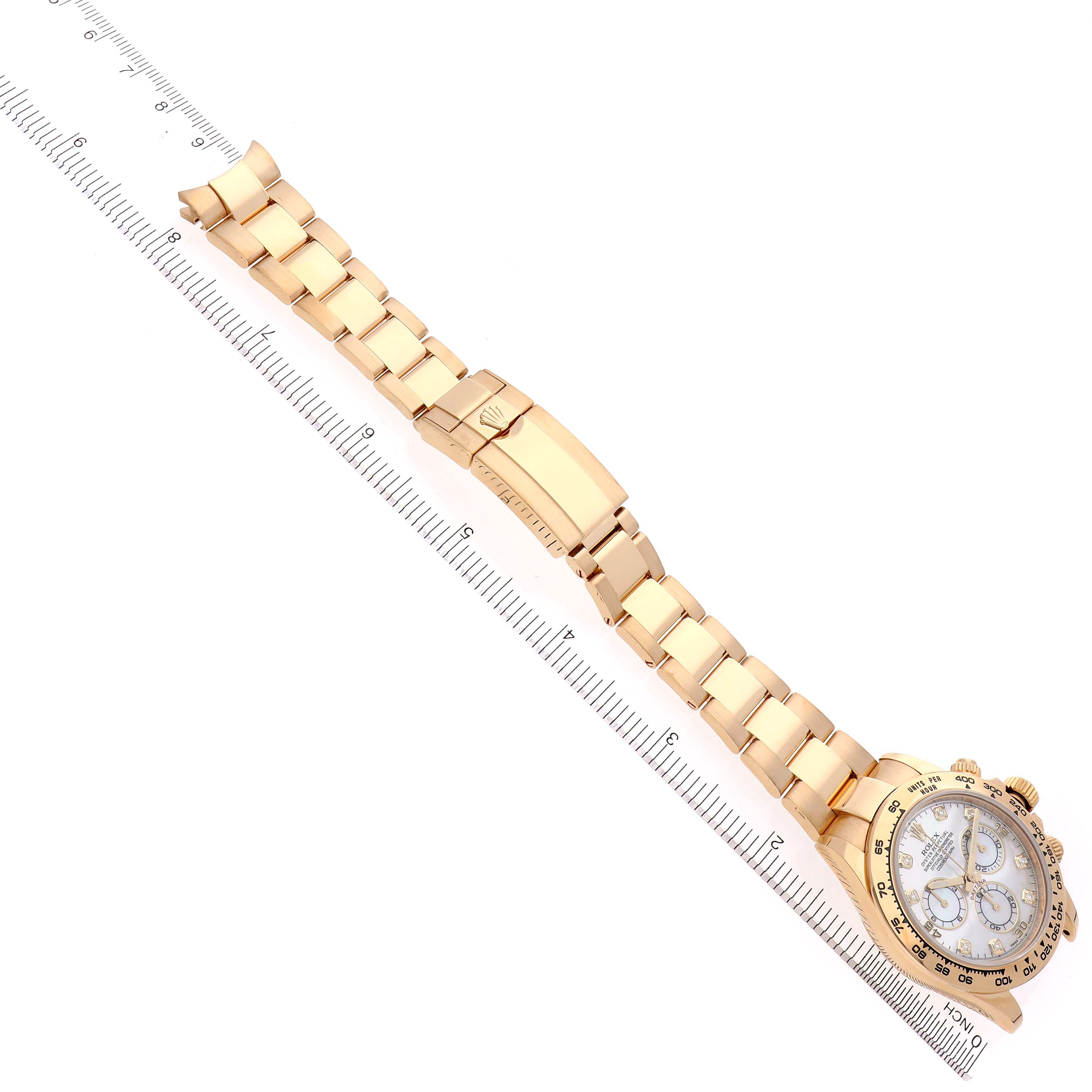 The image shows a Rolex Daytona 116508 Men's Yellow Gold Mother of Pearl Dial 116508 Men's Yellow Gold Mother of Pearl Dial watch laid flat with the bracelet extended, highlighting the clasp and face.