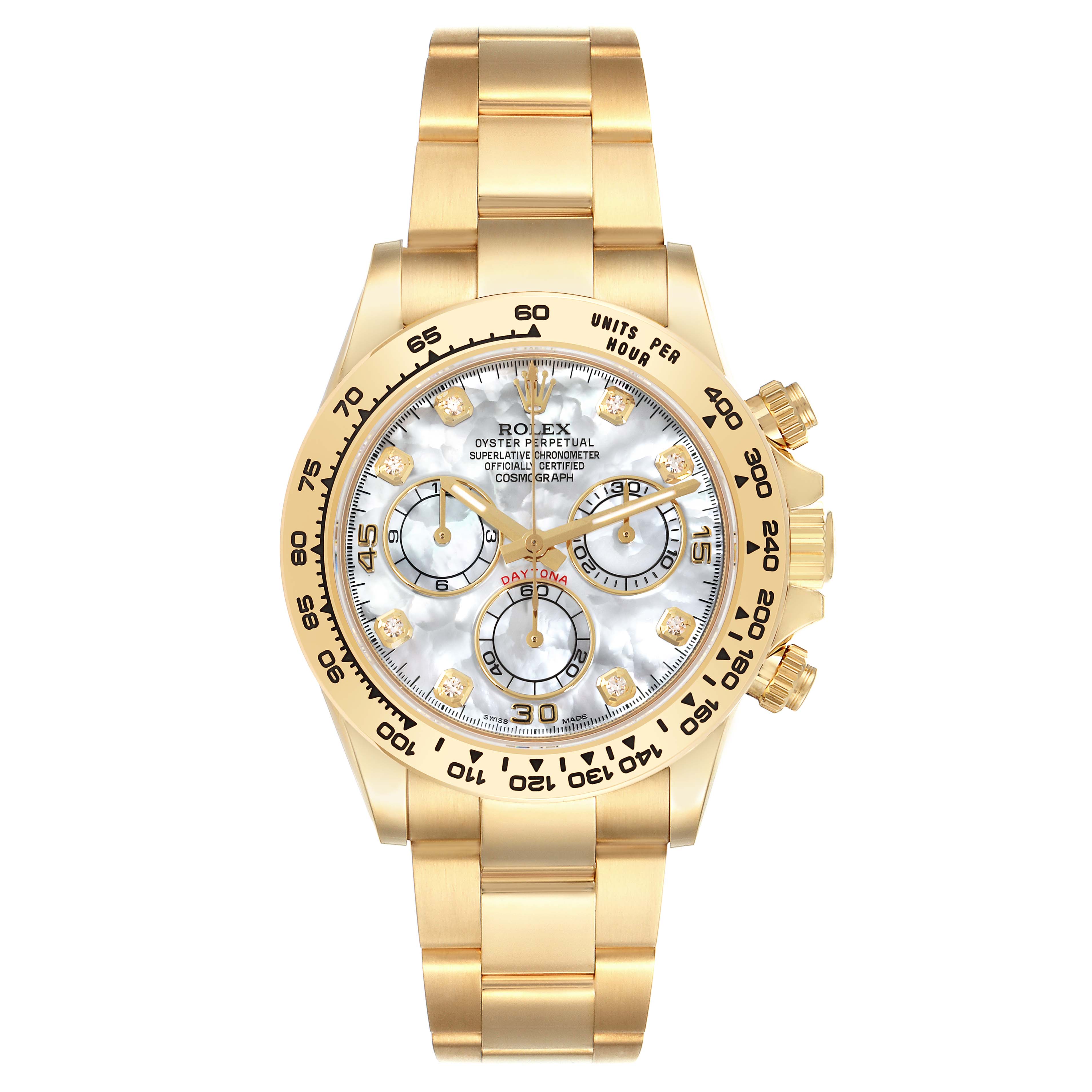 The Rolex Daytona 116508 Men's Yellow Gold Mother of Pearl Dial 116508 Men's Yellow Gold Mother of Pearl Dial watch is shown from a top-down angle, displaying its dial, bezel, and bracelet.