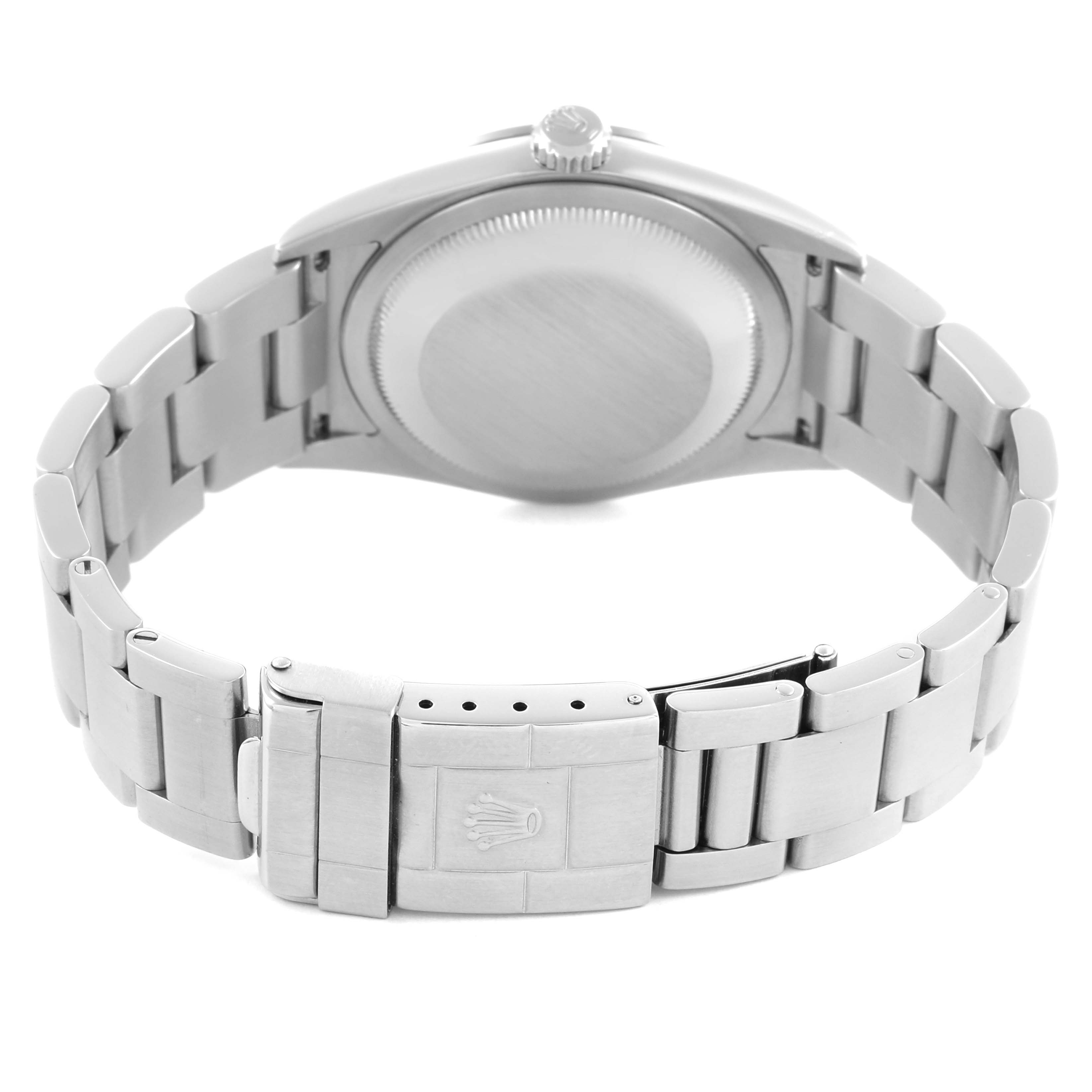 The image shows the back view of a Rolex Explorer 114270 Men's Stainless Steel Black Dial 114270 Men's Stainless Steel Black Dial, highlighting the case back and bracelet clasp with the Rolex logo.