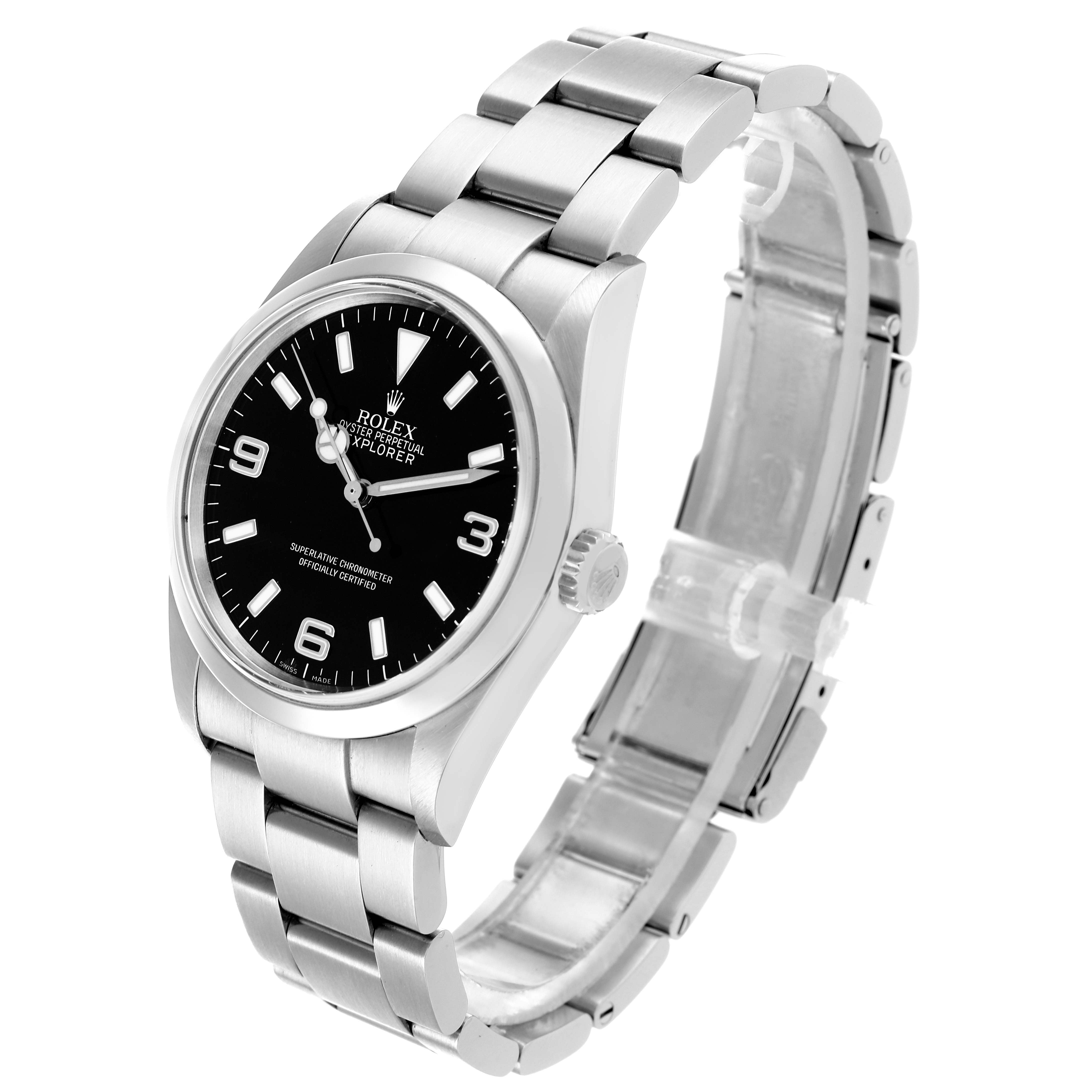 The Rolex Explorer 114270 Men's Stainless Steel Black Dial 114270 Men's Stainless Steel Black Dial watch is shown at a three-quarter angle, displaying the dial, bezel, case, crown, and bracelet.