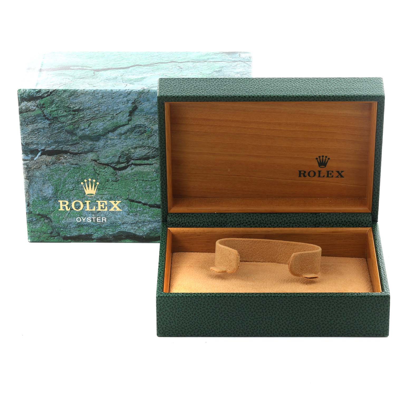 The image shows an open Rolex Explorer 114270 Men's Stainless Steel Black Dial 114270 Men's Stainless Steel Black Dial watch box, showcasing the inner wooden lining and cushion from a front angle.