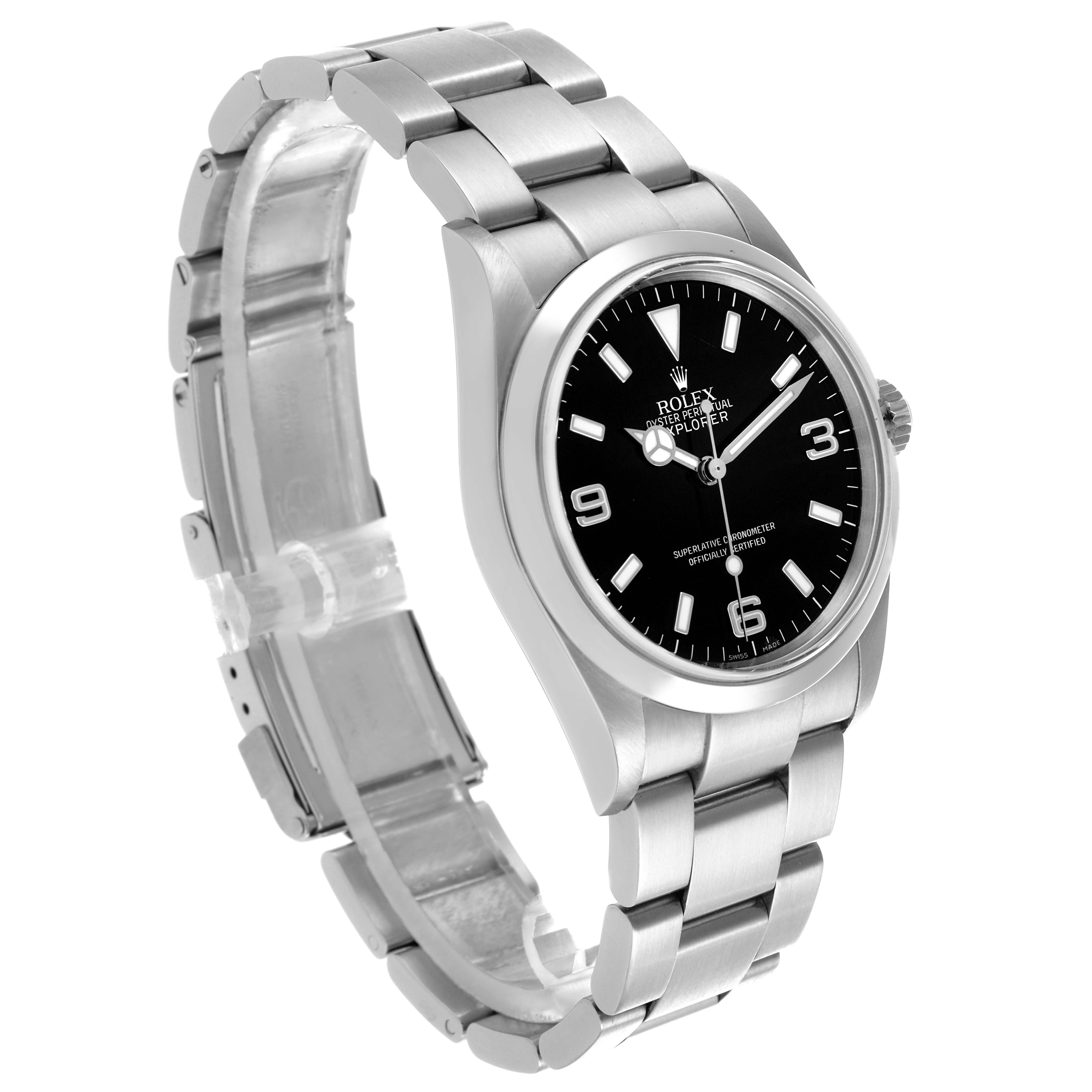 The Rolex Explorer 114270 Men's Stainless Steel Black Dial 114270 Men's Stainless Steel Black Dial watch is shown at a slight angle displaying its face, bezel, crown, and part of the metal bracelet.