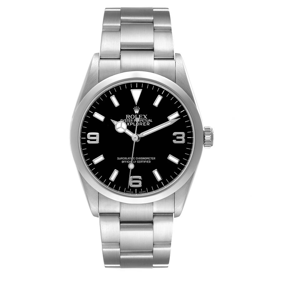 The Rolex Explorer watch is shown from a front angle, highlighting the dial, case, and bracelet.