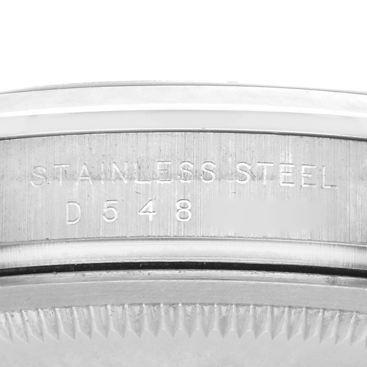 The image shows a close-up of the side of the Rolex Explorer 114270 Men's Stainless Steel Black Dial 114270 Men's Stainless Steel Black Dial, highlighting the stainless steel case.