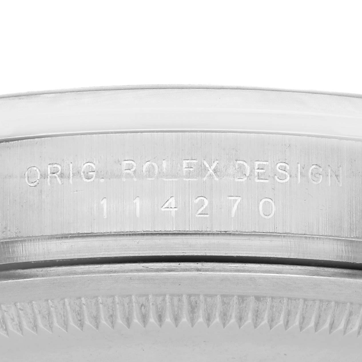 The image shows the side and design engraving of a Rolex Explorer 114270 Men's Stainless Steel Black Dial 114270 Men's Stainless Steel Black Dial, model number 114270.