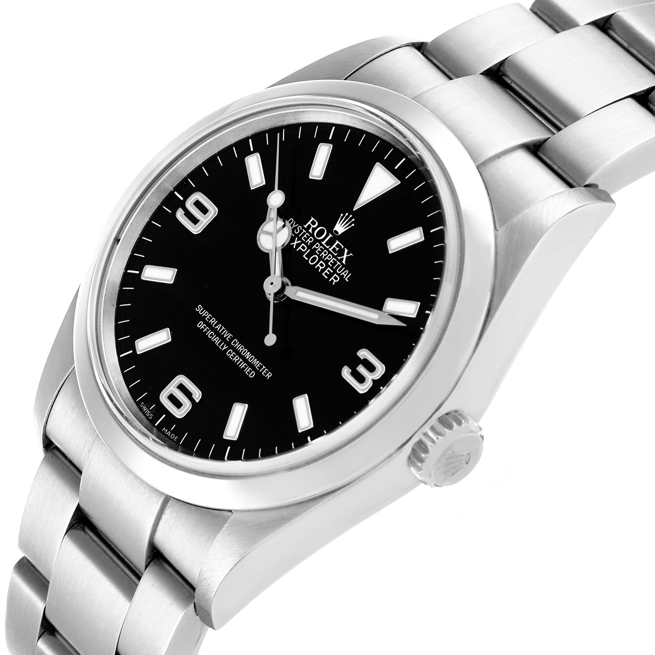The Rolex Explorer 114270 Men's Stainless Steel Black Dial 114270 Men's Stainless Steel Black Dial watch is shown from an angled side view, highlighting the face, case, and bracelet.