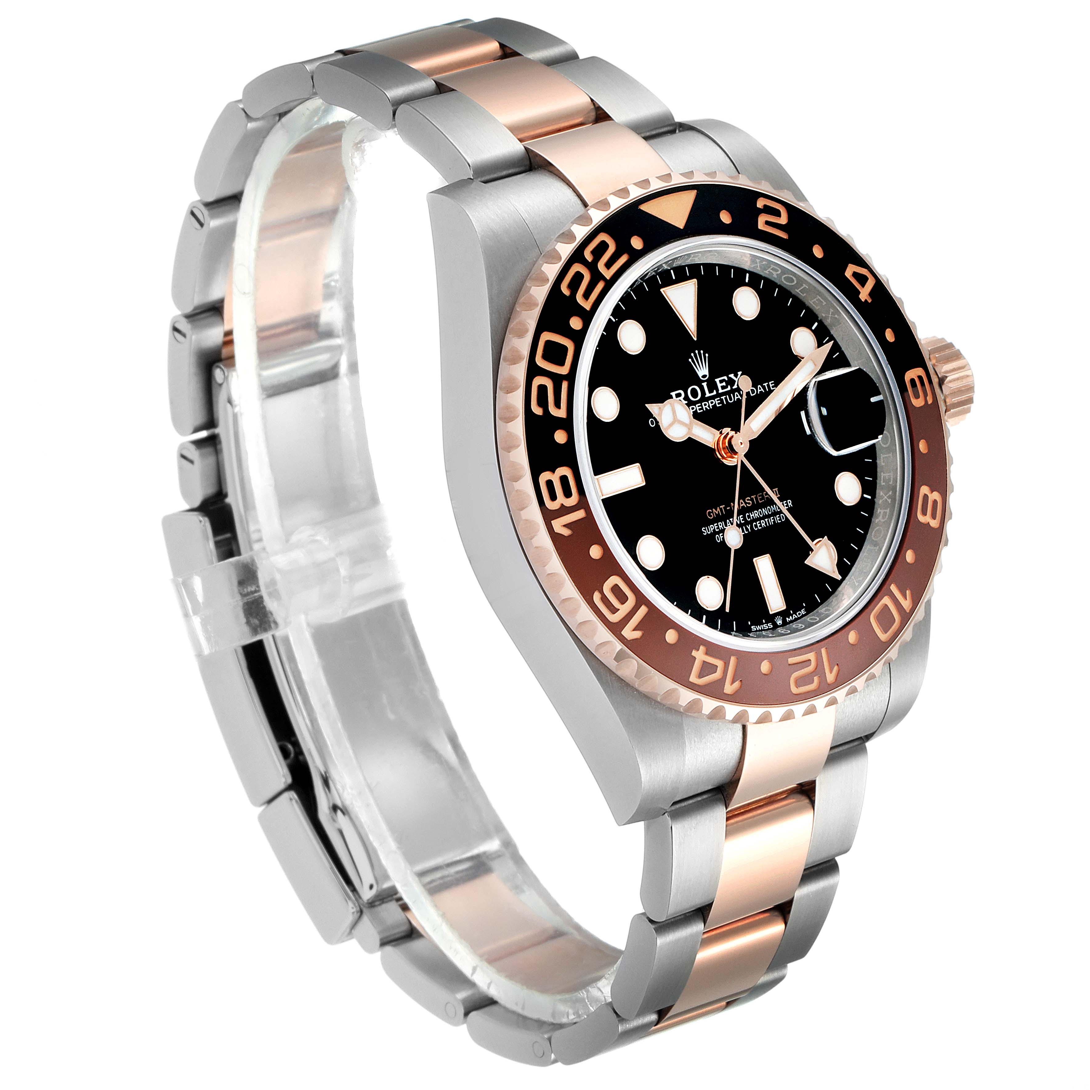 The Rolex GMT-Master 126711 Men's Stainless Steel Black Dial 126711 Men's Stainless Steel Black Dial watch is shown at a slight side angle, highlighting its bezel, dial, and two-tone oyster bracelet style.