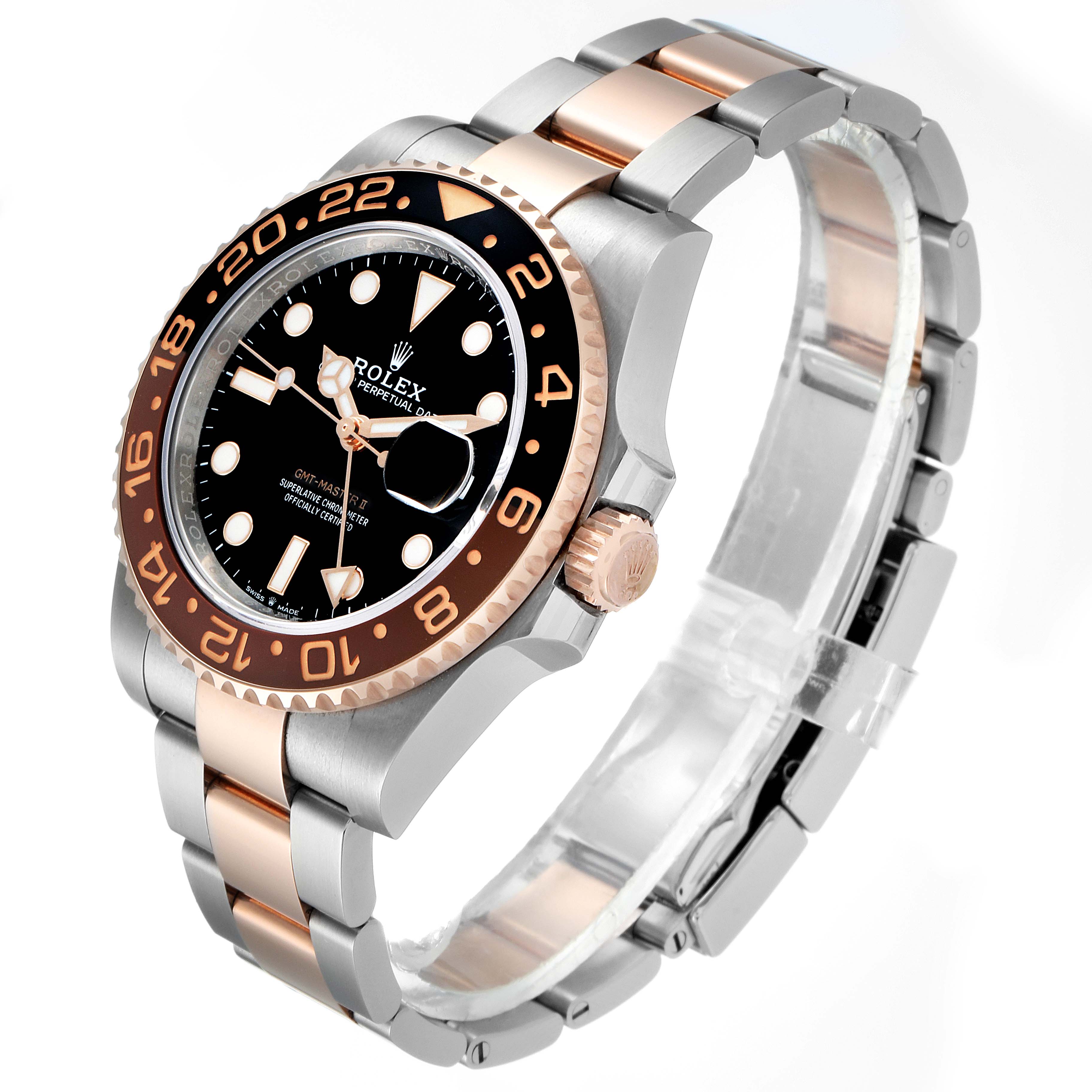 This image shows a side angle view of the Rolex GMT-Master 126711 Men's Stainless Steel Black Dial 126711 Men's Stainless Steel Black Dial watch, highlighting its bezel, dial, crown, and two-tone bracelet.