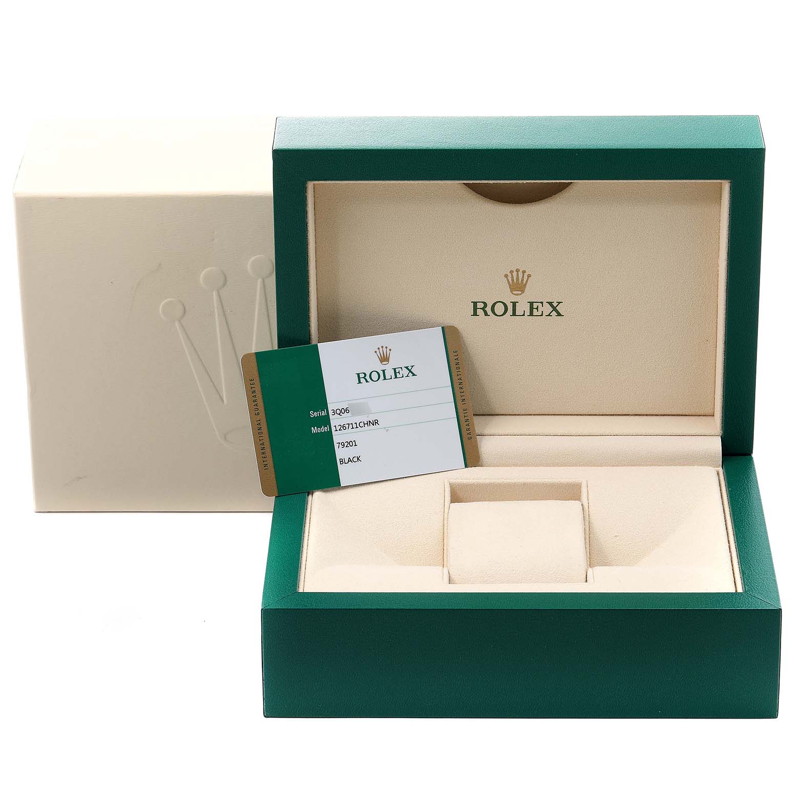 The image shows the packaging, box, and authenticity card for a Rolex GMT-Master 126711 Men's Stainless Steel Black Dial 126711 Men's Stainless Steel Black Dial watch from a front angle.