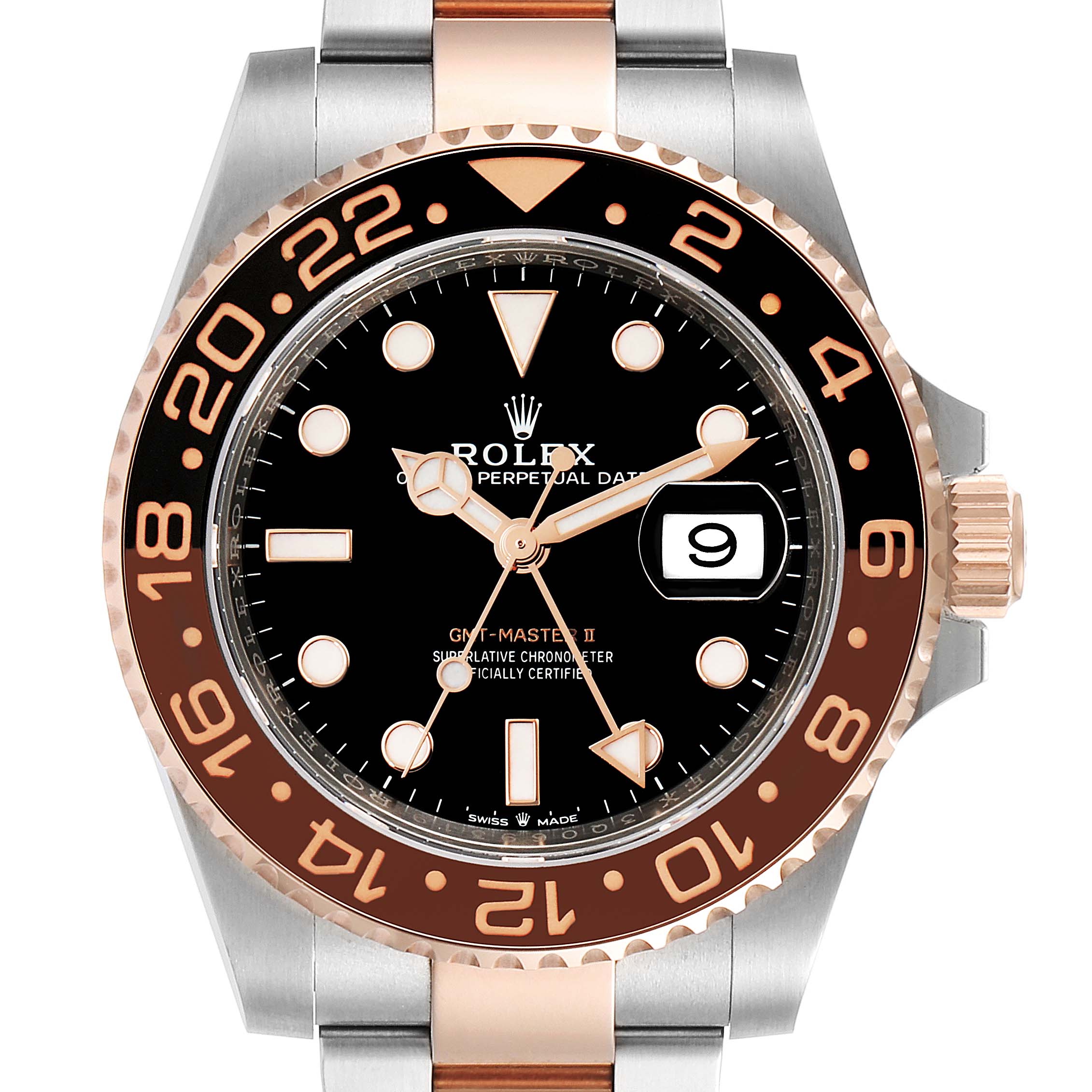 This image shows a front view of the Rolex GMT-Master 126711 Men's Stainless Steel Black Dial 126711 Men's Stainless Steel Black Dial II watch, highlighting the bezel, dial, and part of the bracelet.