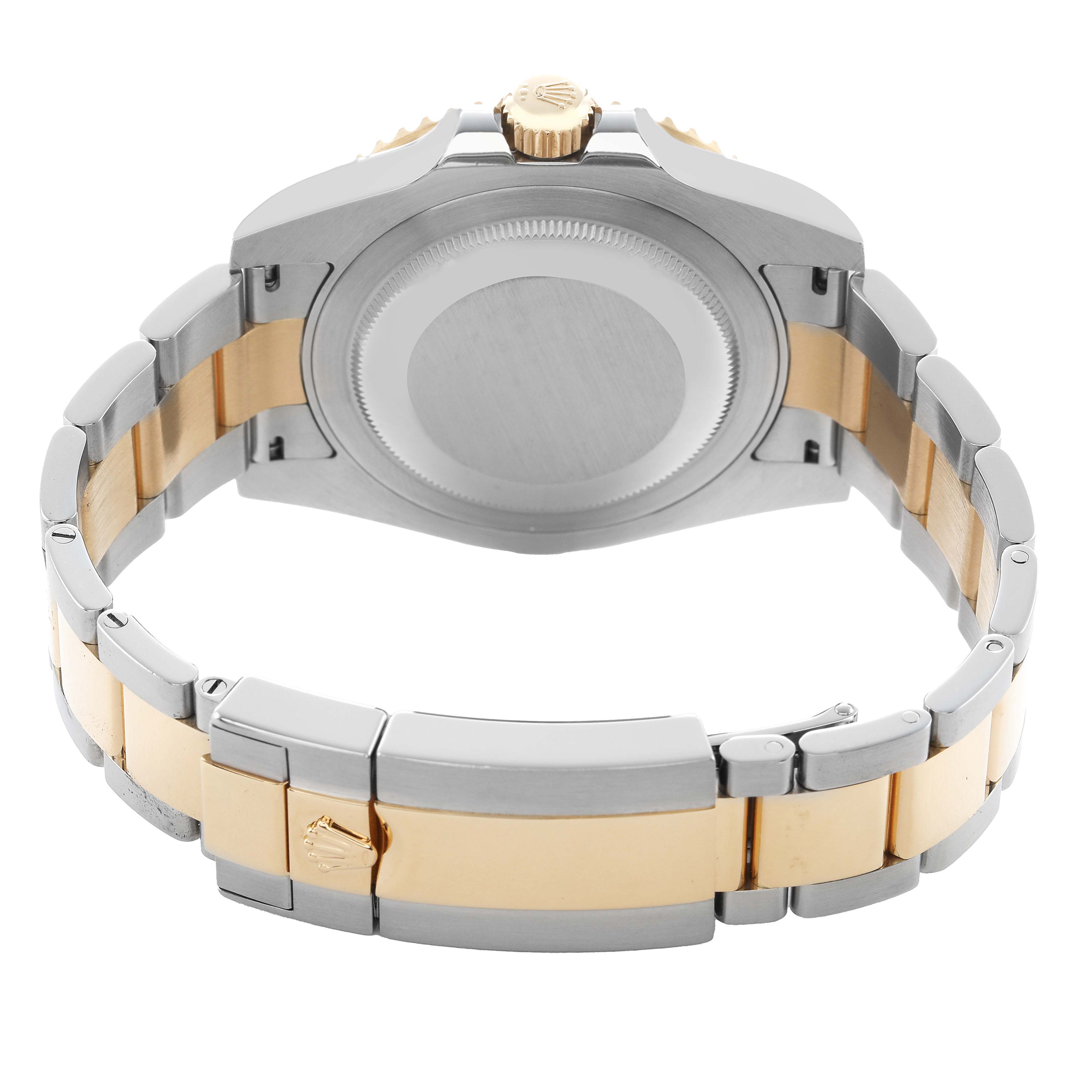 The image shows the back and bracelet of a Rolex GMT-Master 116713 Men's Steel and Gold (two tone) Black Dial watch, highlighting the bi-metal design and clasp.