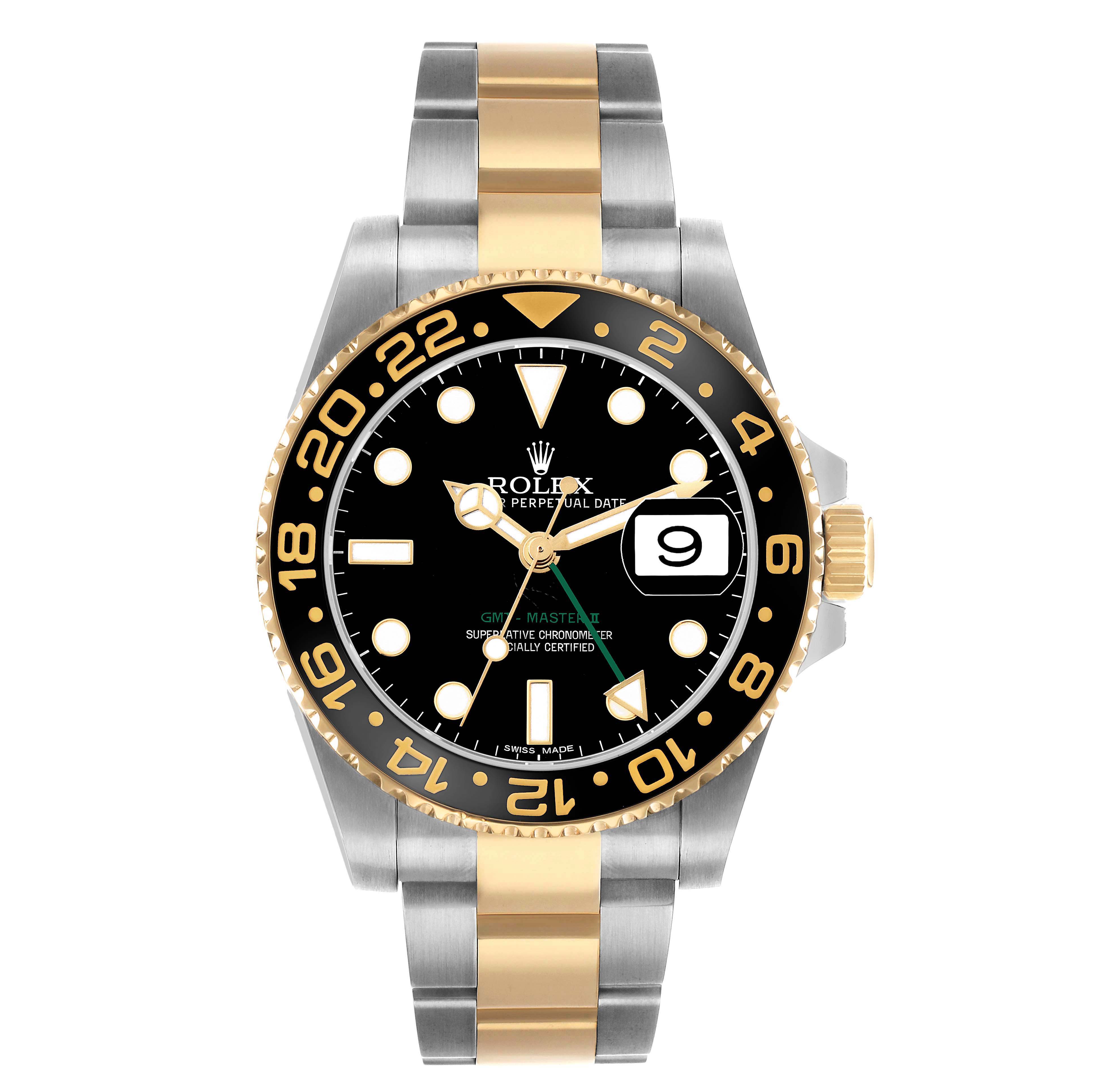 The Rolex GMT-Master 116713 Men's Steel and Gold (two tone) Black Dial watch is shown from a front angle, displaying the face, bezel, and two-tone bracelet.
