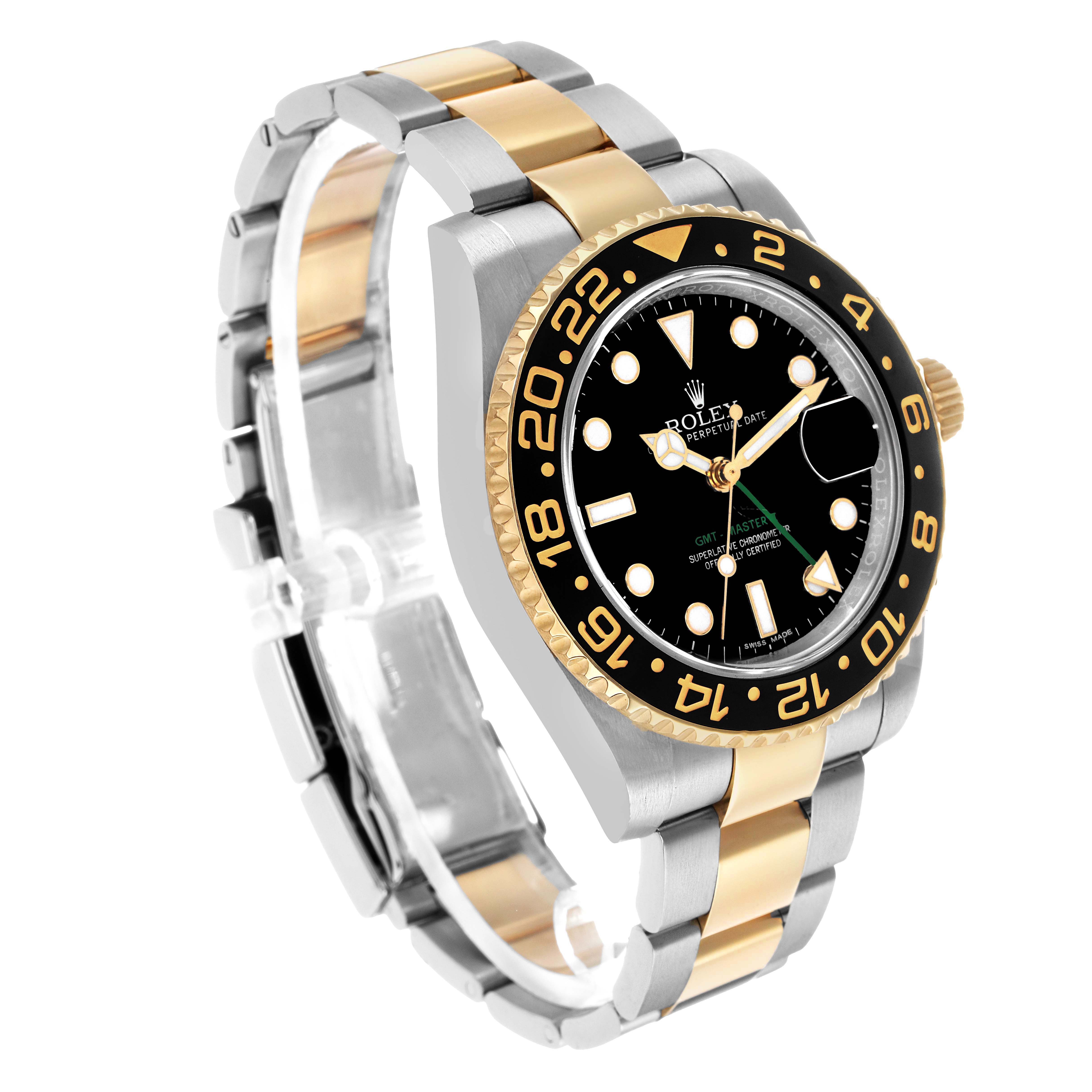The Rolex GMT-Master 116713 Men's Steel and Gold (two tone) Black Dial watch is shown at a three-quarter angle, displaying the bezel, dial, crown, and part of the bracelet.