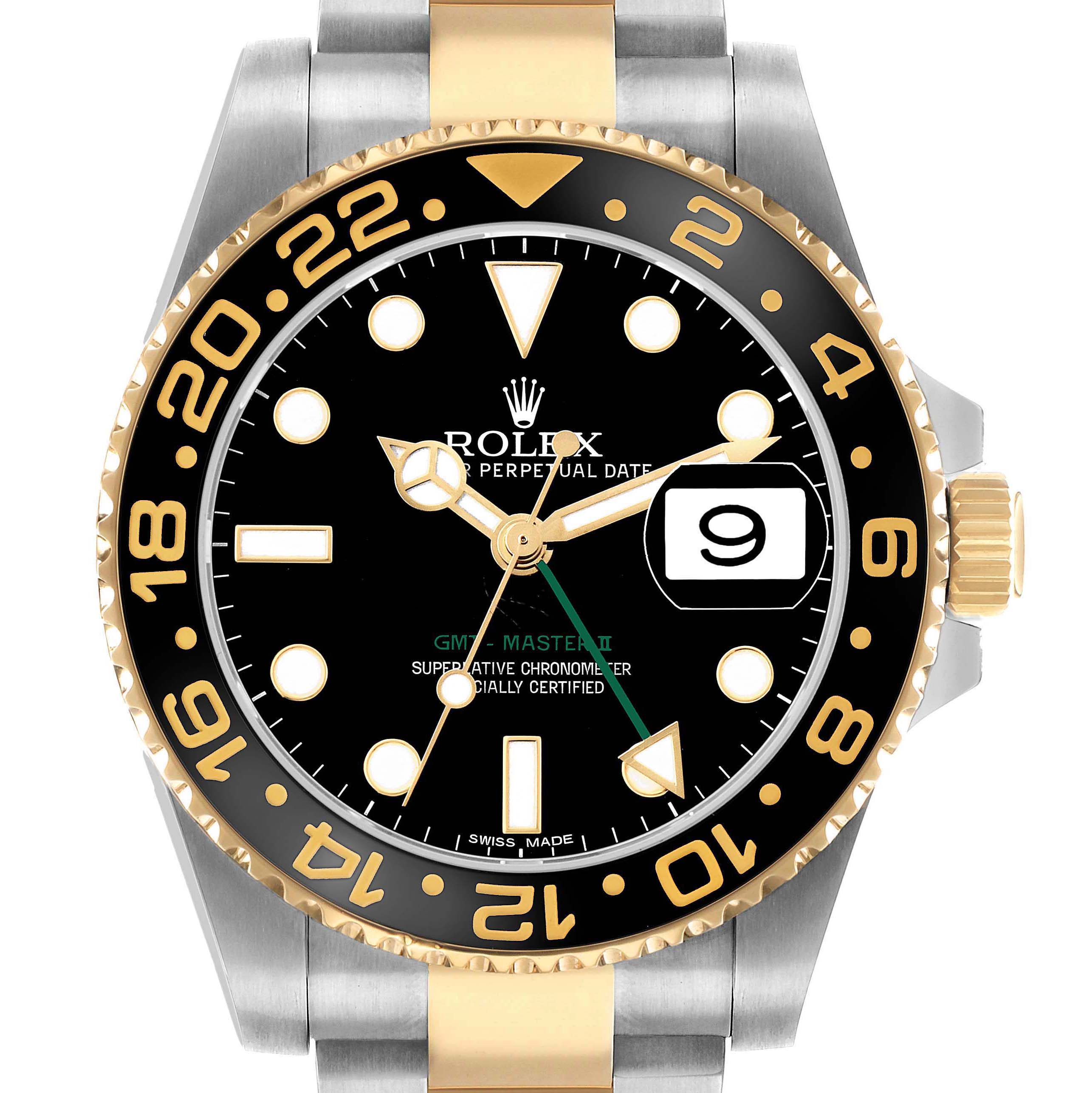 The Rolex GMT-Master 116713 Men's Steel and Gold (two tone) Black Dial watch is shown from a front angle, displaying the dial, bezel, and crown.