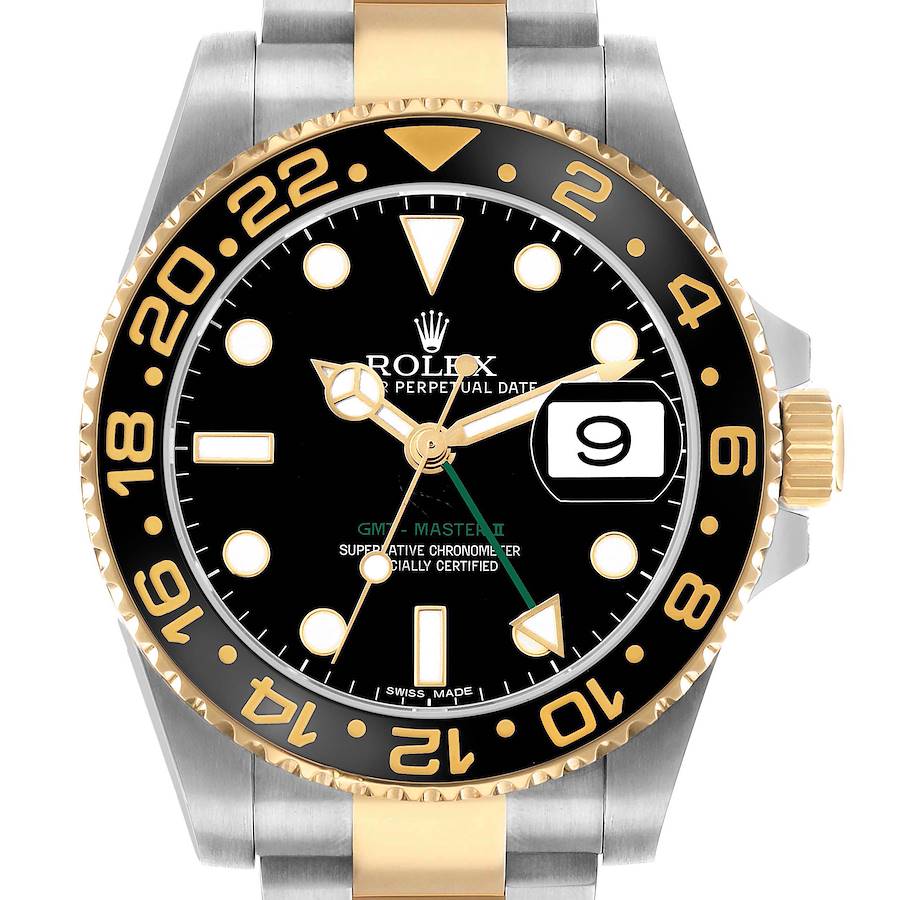 The Rolex GMT-Master 116713 Men's Steel and Gold (two tone) Black Dial watch is shown from a front angle, displaying the dial, bezel, and crown.