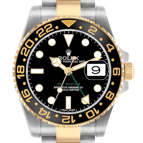 The image shows a front view of the Rolex GMT-Master 116713 Men's Steel and Gold (two tone) Black Dial II watch, highlighting the bezel, dial, and date window.