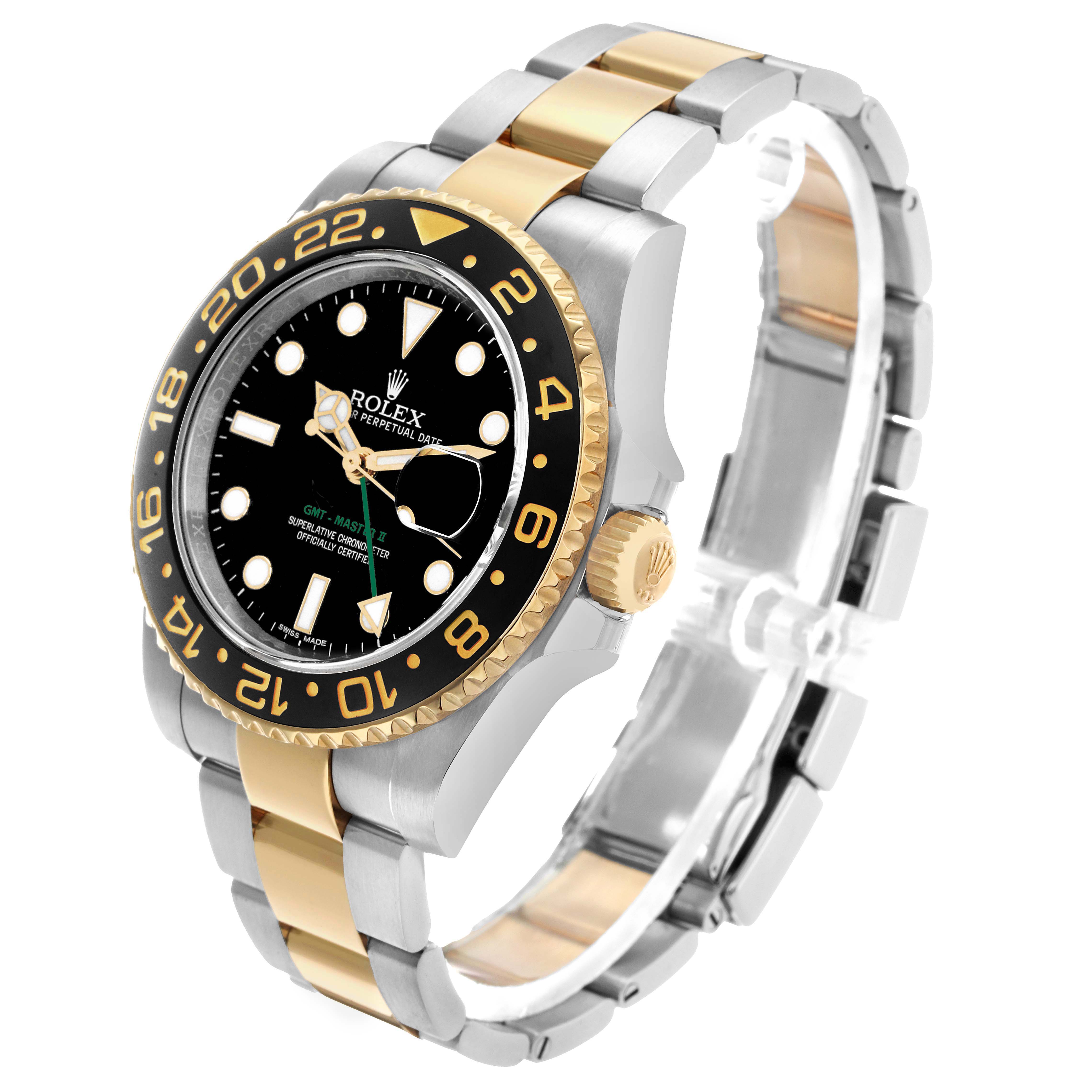 The Rolex GMT-Master 116713 Men's Steel and Gold (two tone) Black Dial watch is shown at an angle highlighting the face, bezel, crown, and two-tone bracelet.